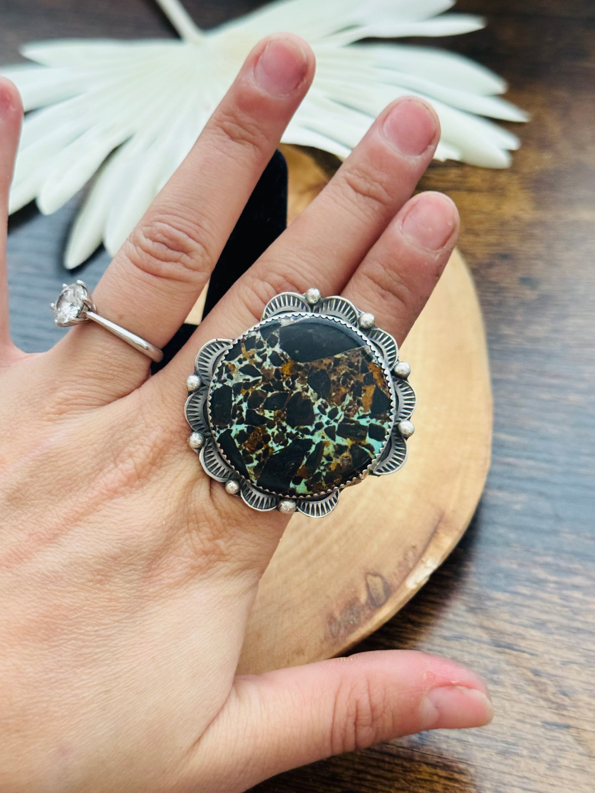 Tia Long Black Jack Turquoise & Sterling Silver Adjustable Ring