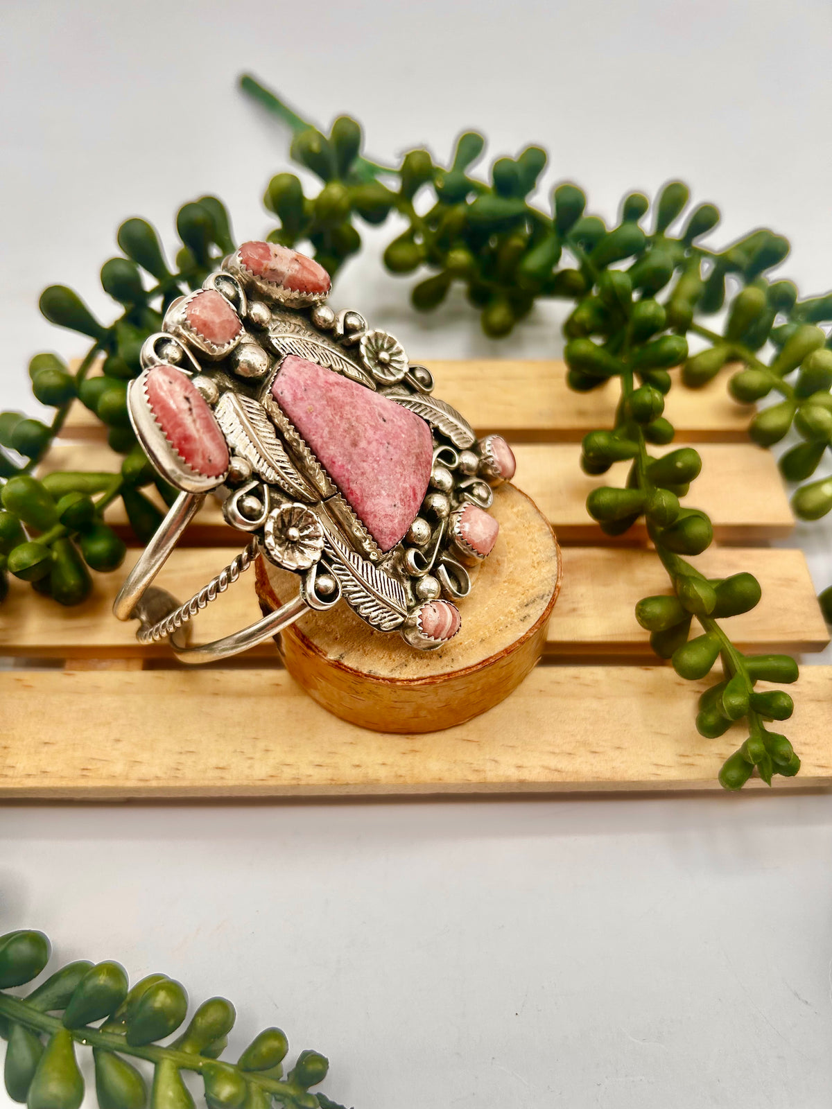 Vintage Navajo Made Rhodochrosite & Sterling Silver Cuff Bracelet