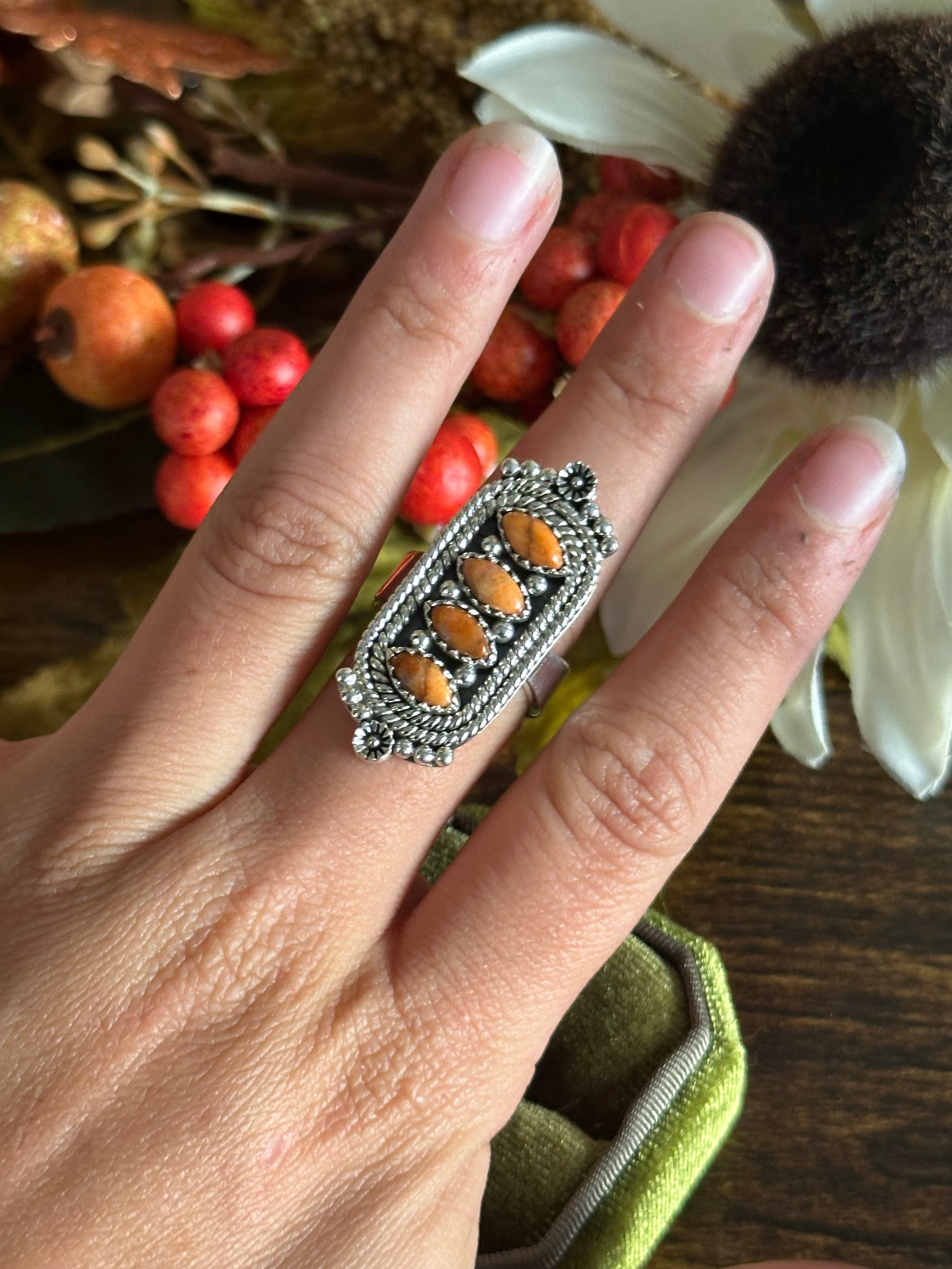 Southwest Handmade Apple Coral & Sterling Silver Adjustable Ring