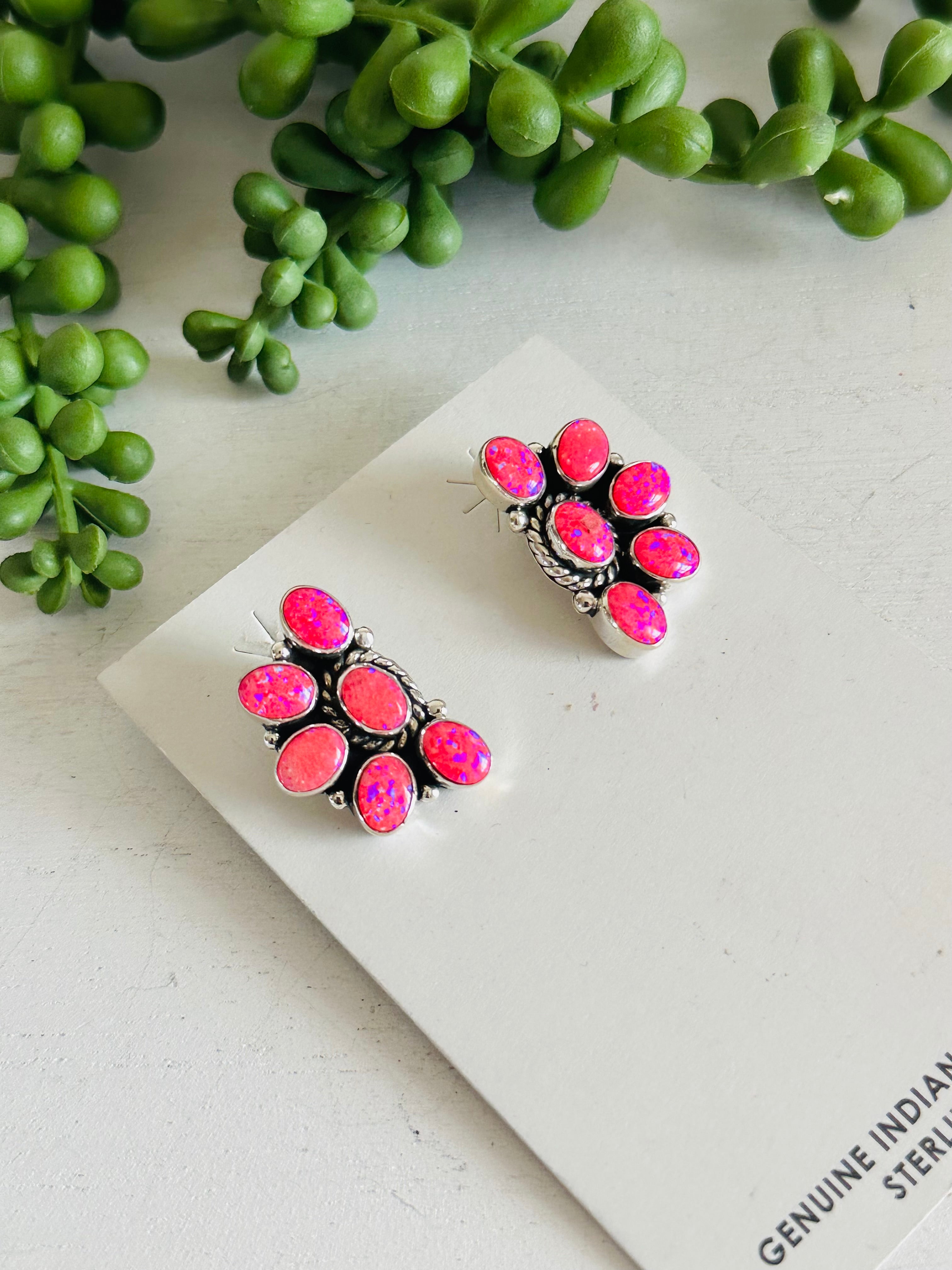Southwest Handmade Pink Opal & Sterling Silver Post Cluster Earrings