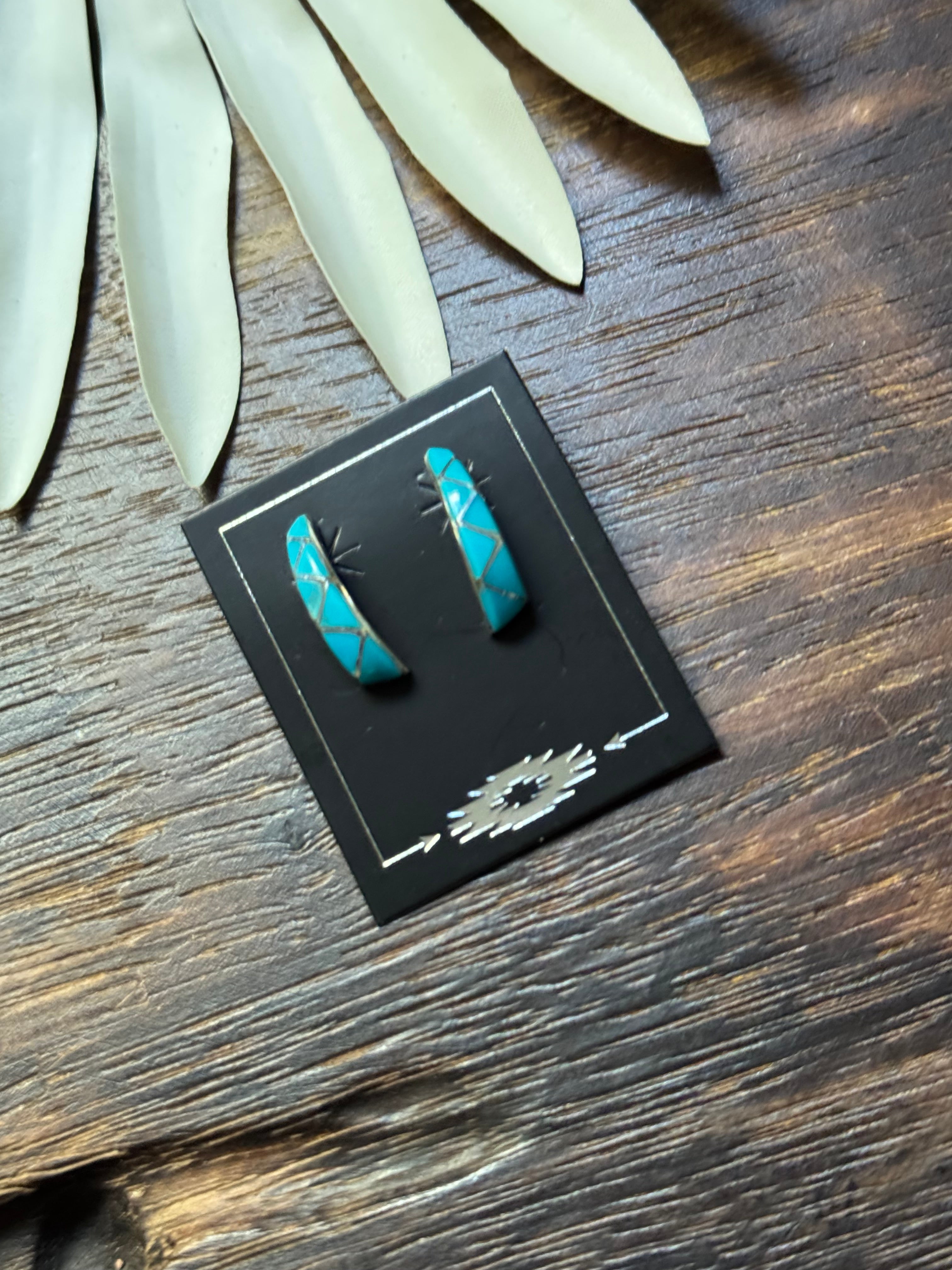 Zuni Made Turquoise & Sterling Silver Inlay Post Dangle Earrings