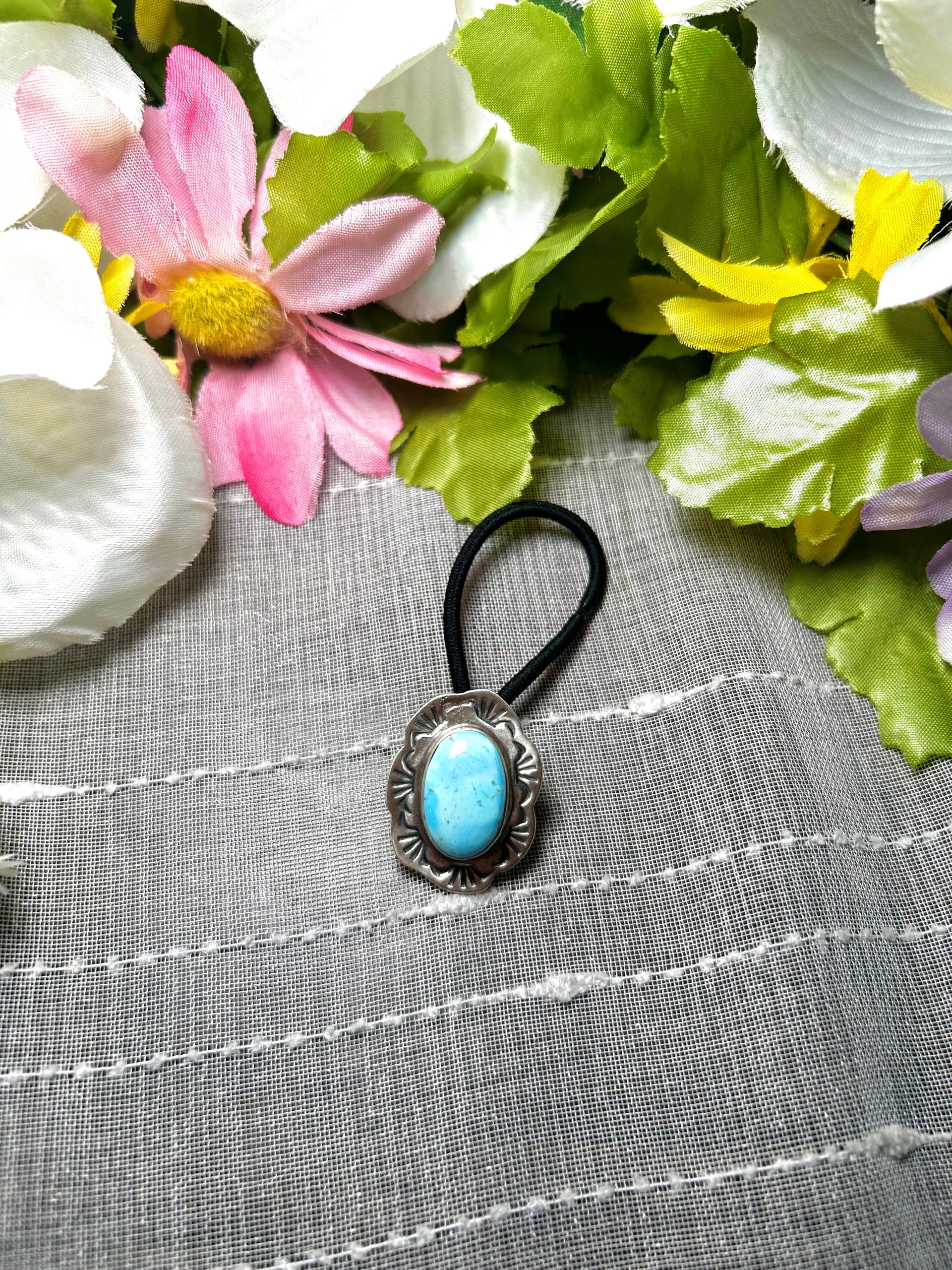 Navajo Made Golden Hill Turquoise & Sterling Silver Hair Tie