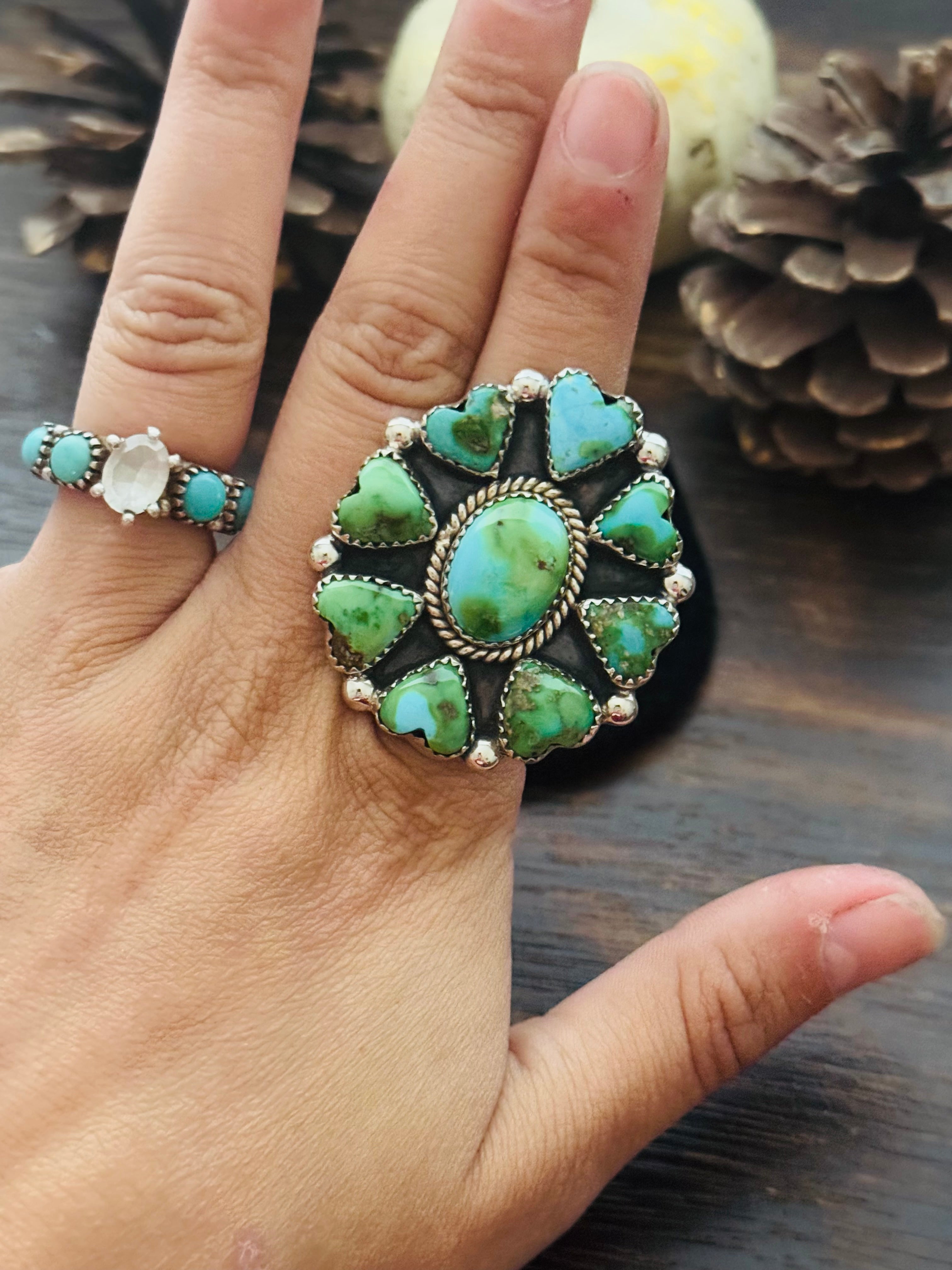 Southwest Handmade Sonoran Mountain Turquoise & Sterling Silver Adjustable Cluster Ring