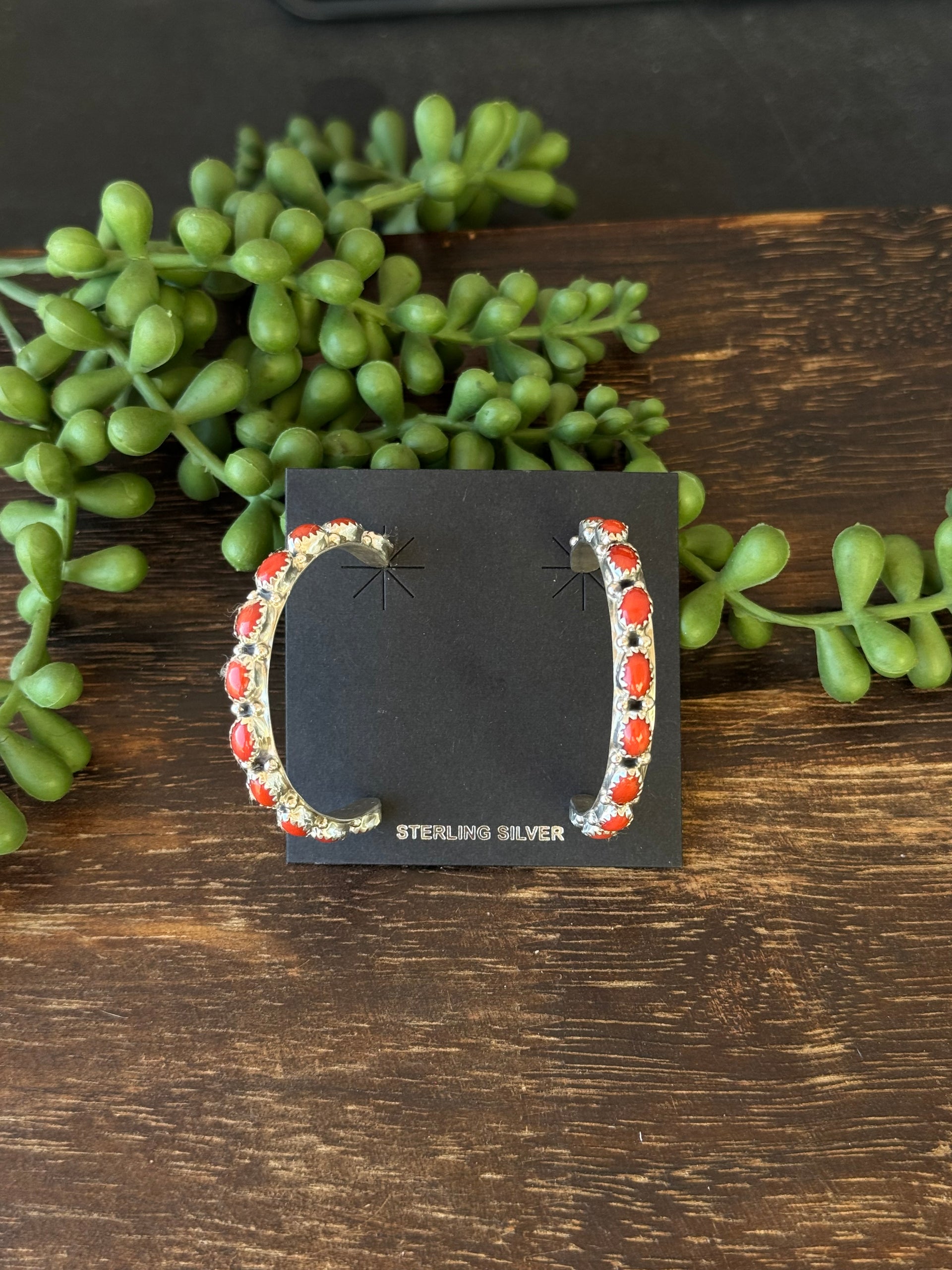 Navajo Made Coral & Sterling Silver Hoop Earrings