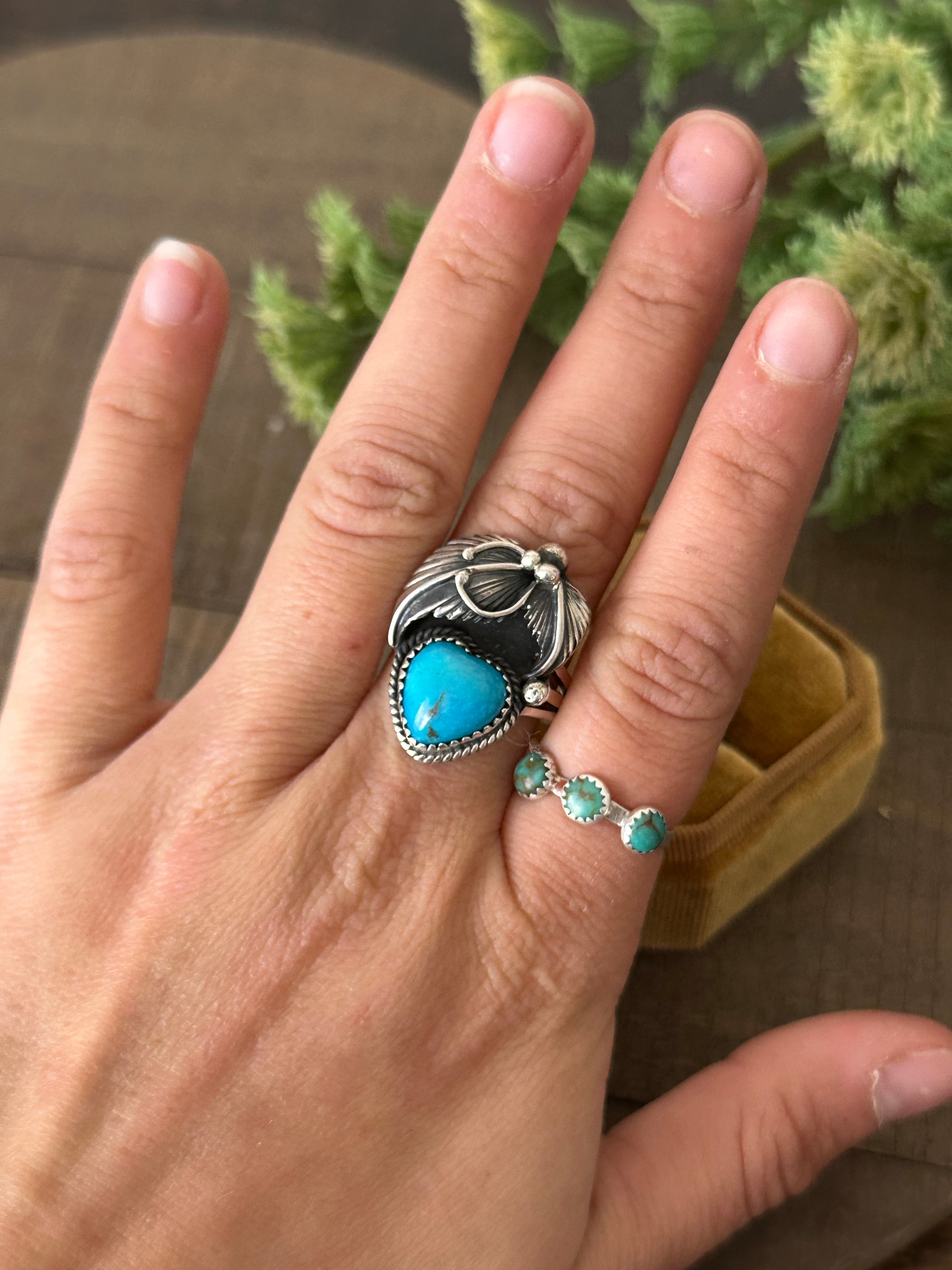 Navajo Made Kingman Turquoise & Sterling Silver Ring Size 9.5