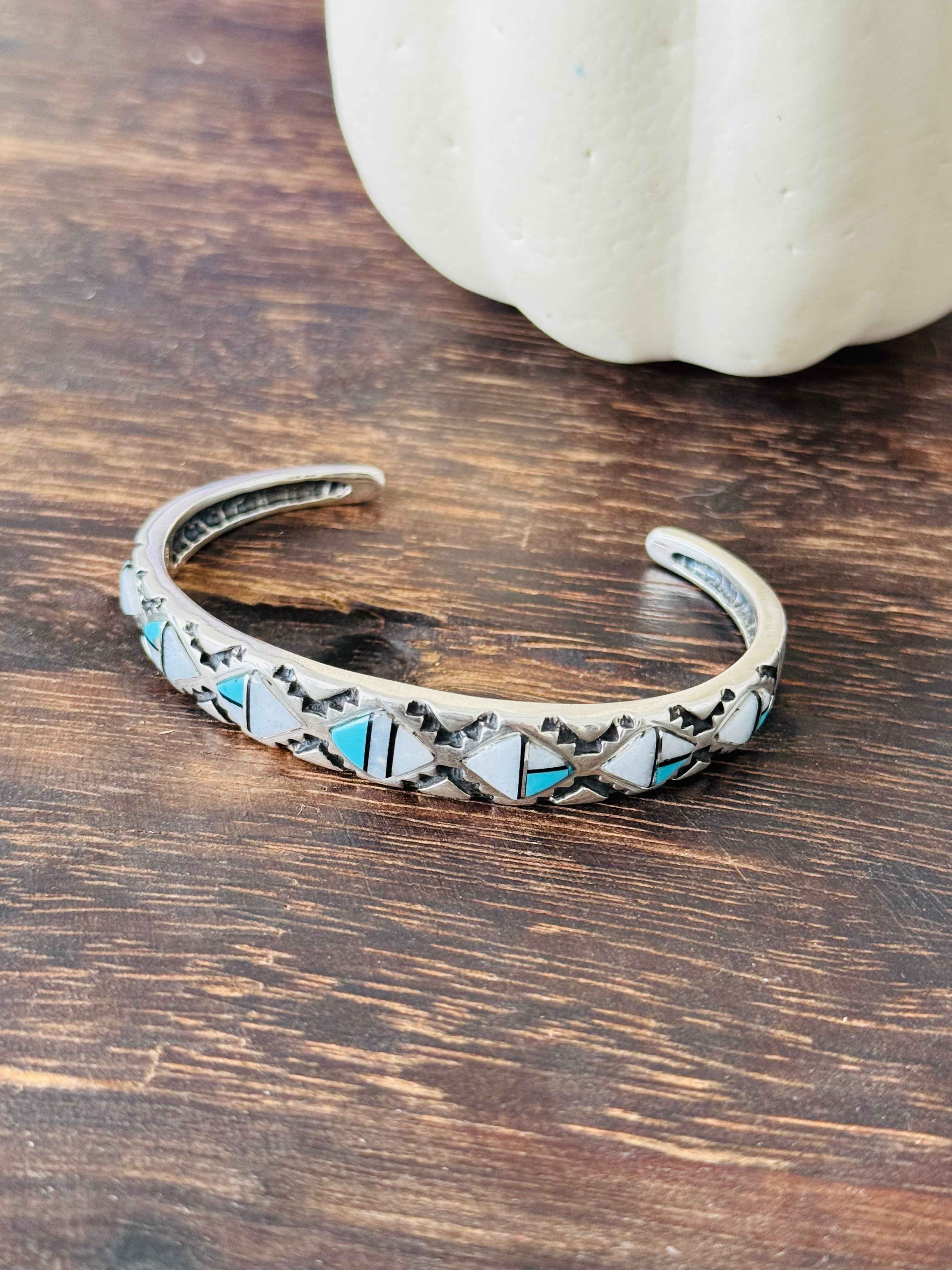 Navajo Made Multi Stone & Sterling Silver Inlay Cuff Bracelet