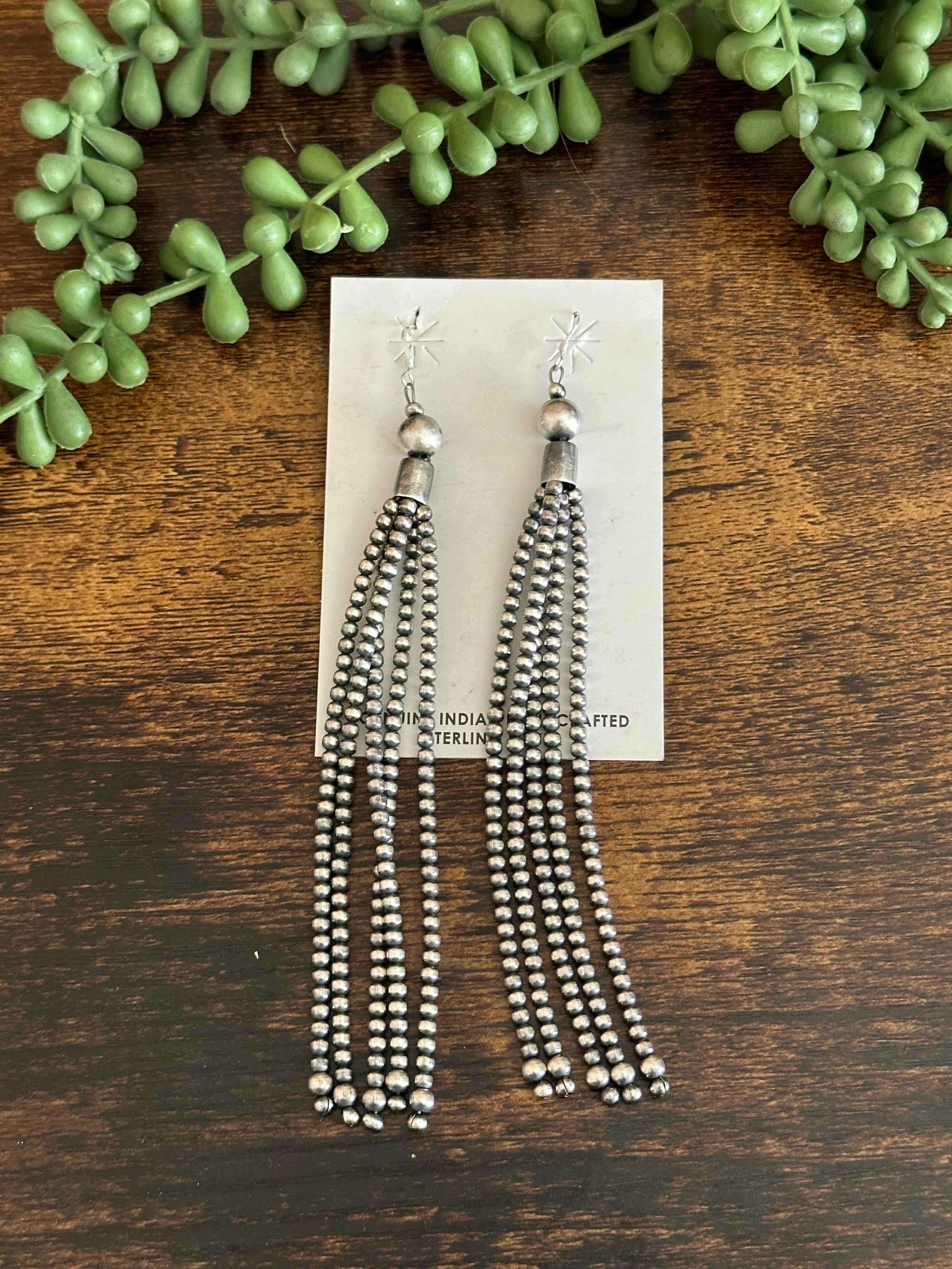 Navajo Strung Sterling Silver Graduated Pearls Dangle Earrings