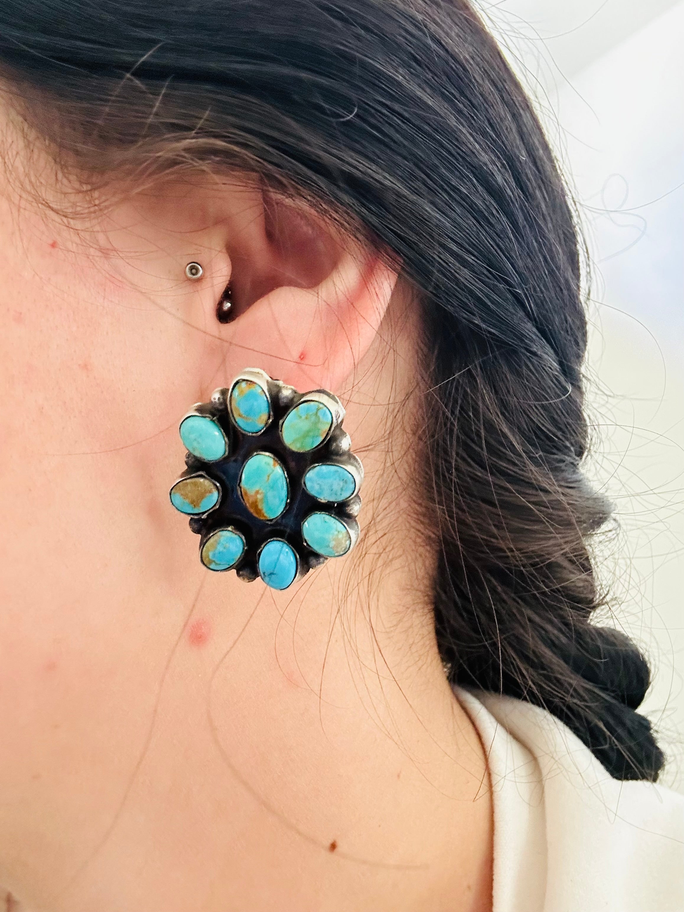 Navajo Handmade Royston Turquoise & Sterling Silver Post Cluster Earrings