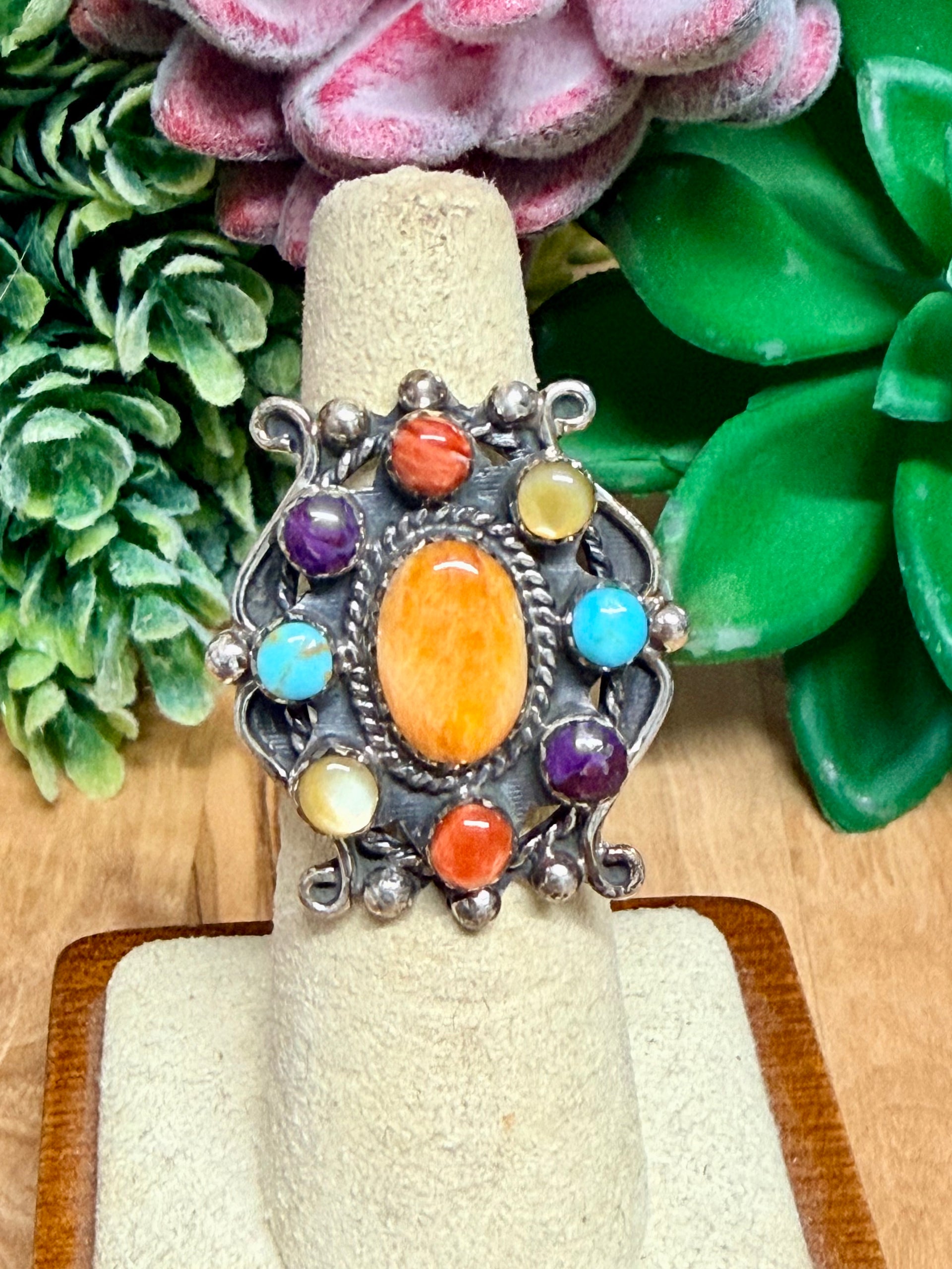Southwest Handmade Multistone & Sterling Silver Ring Size 6.25