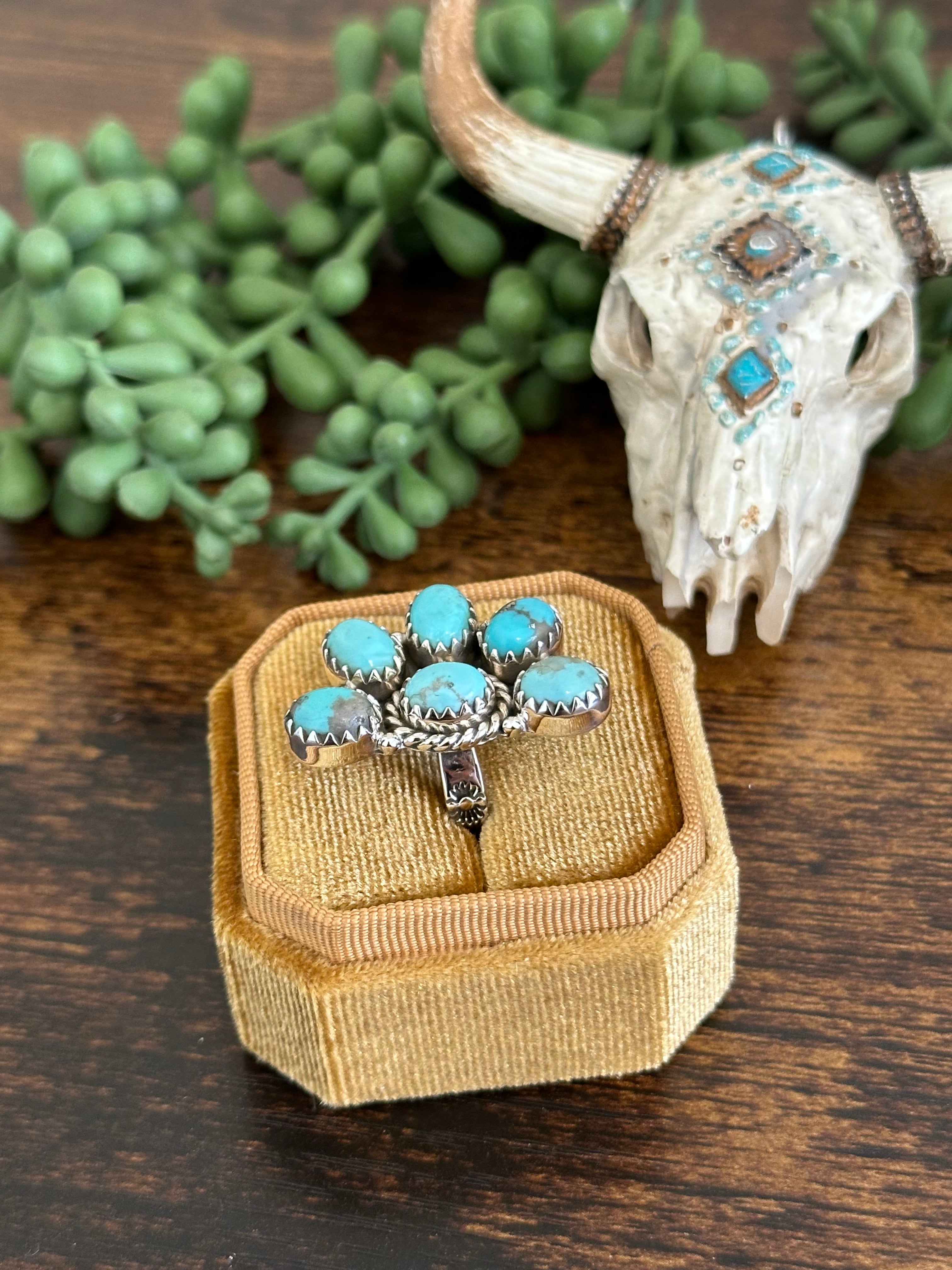 Southwest Handmade Kingman Turquoise & Sterling Silver Adjustable Cluster Ring