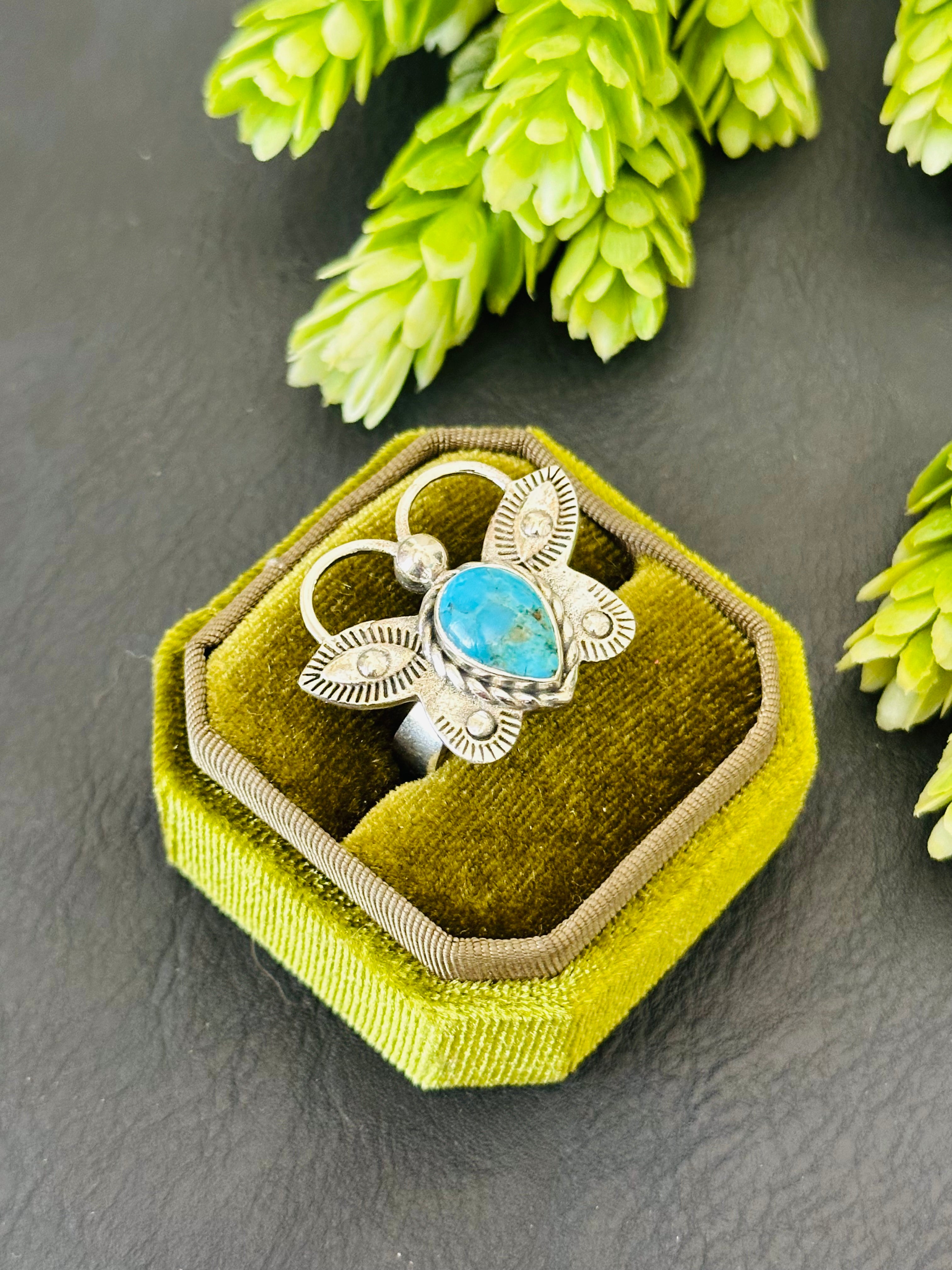 Southwest Handmade Kingman Turquoise & Sterling Silver Adjustable Butterfly Ring