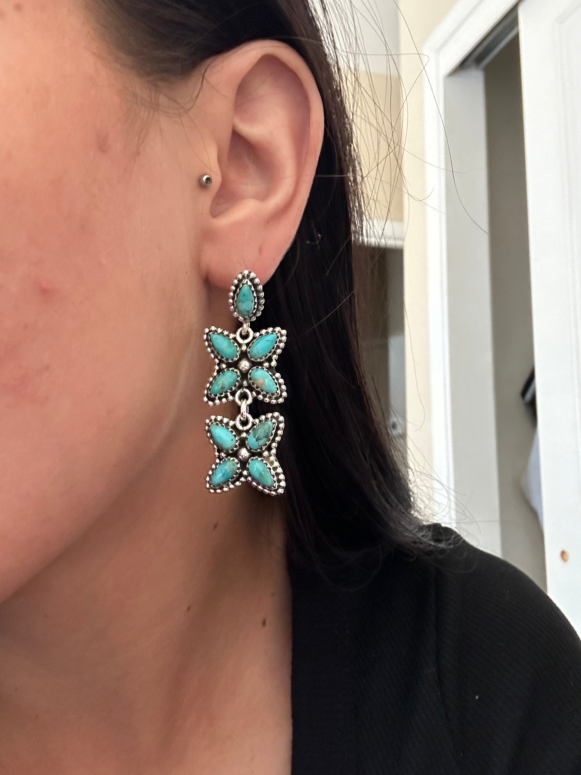 Southwest Handmade Kingman Turquoise & Sterling Silver Post Dangle Cluster Earrings
