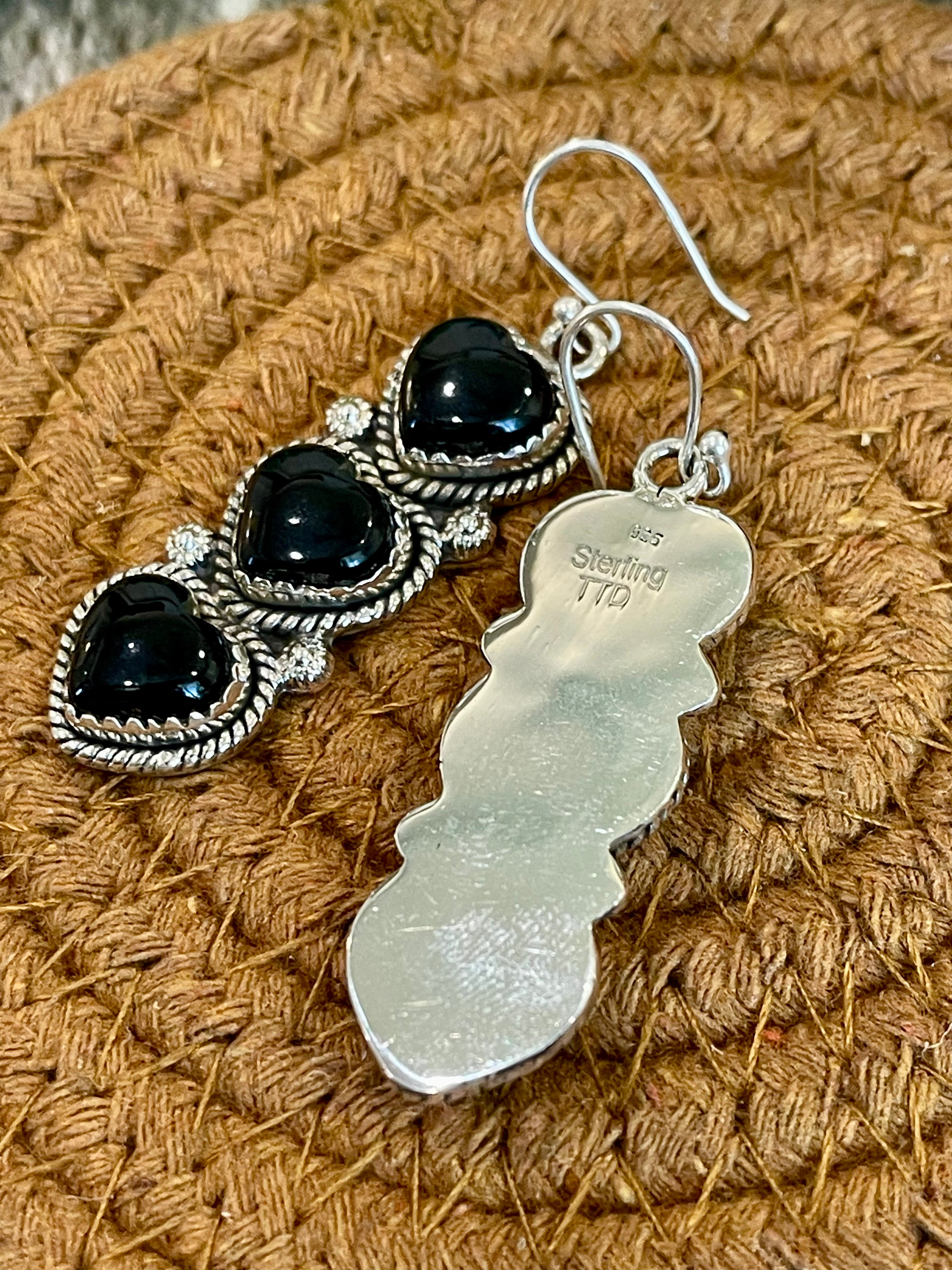 Southwest Handmade Black Onyx & Sterling Silver Post Dangle Heart Earrings