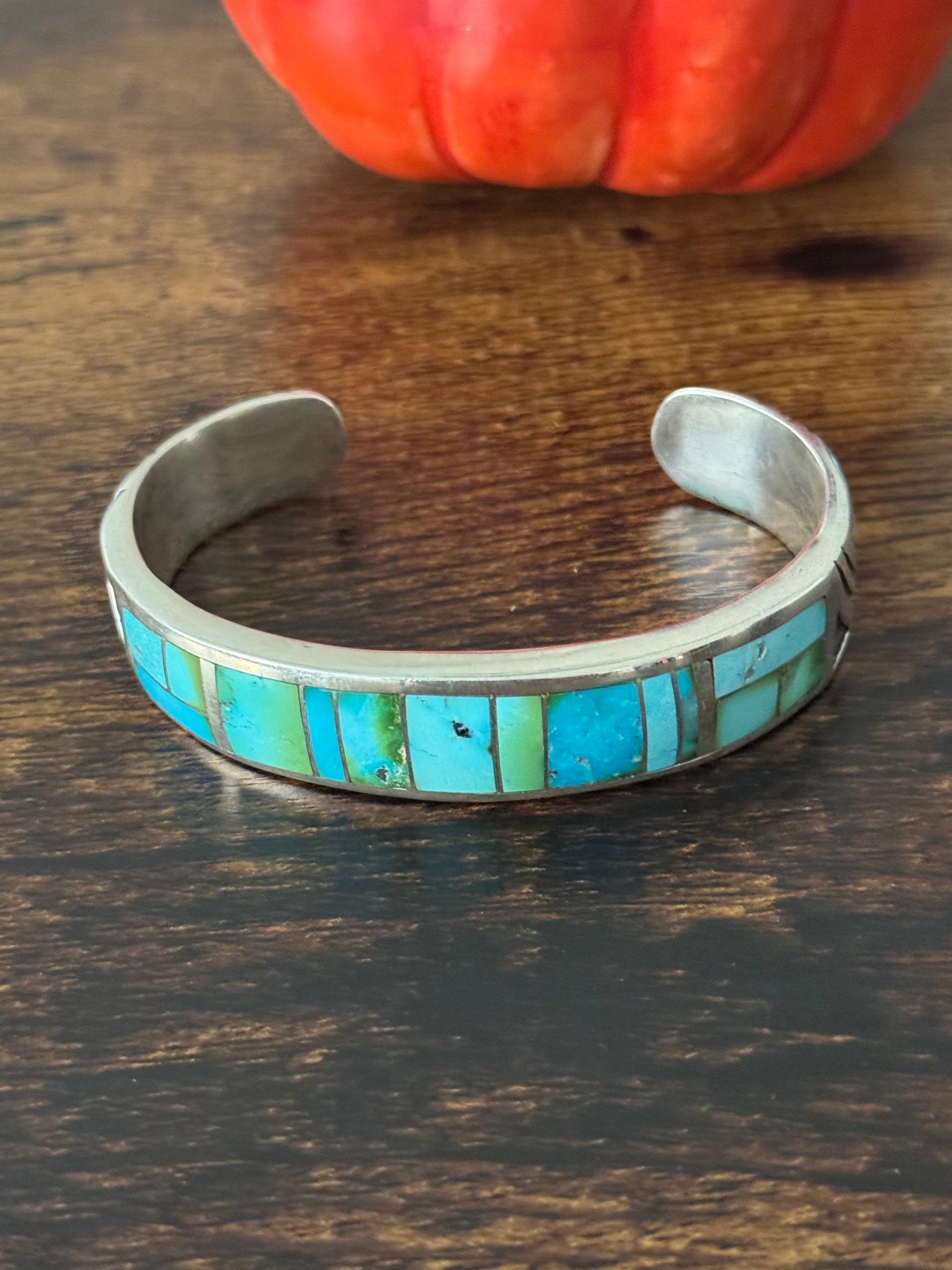 Navajo Made Natural Sonoran Mountain Turquoise & Sterling Silver Inlay Cuff Bracelet