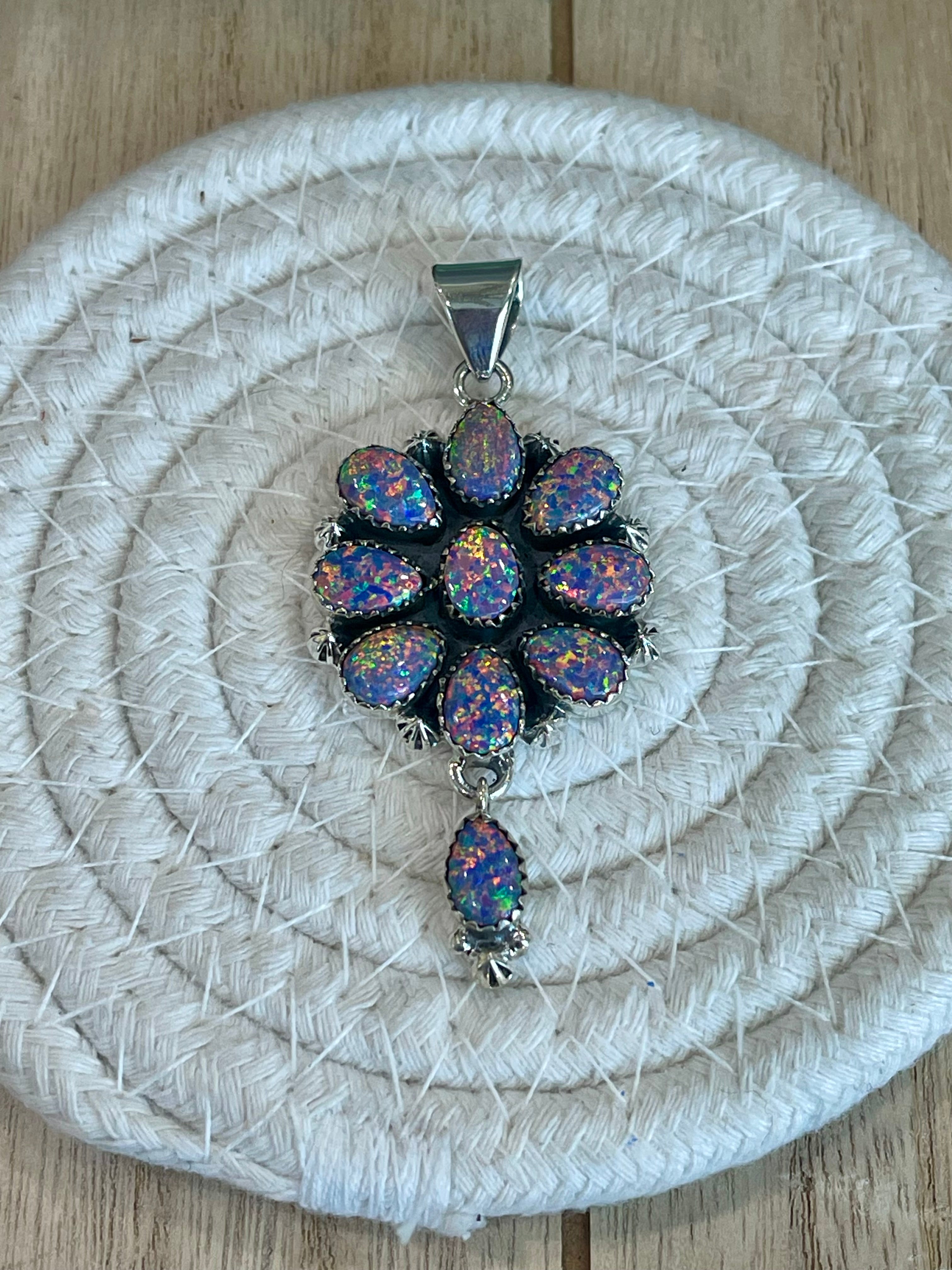 Southwest Handmade Opal & Sterling Silver Cluster Dangle Pendant