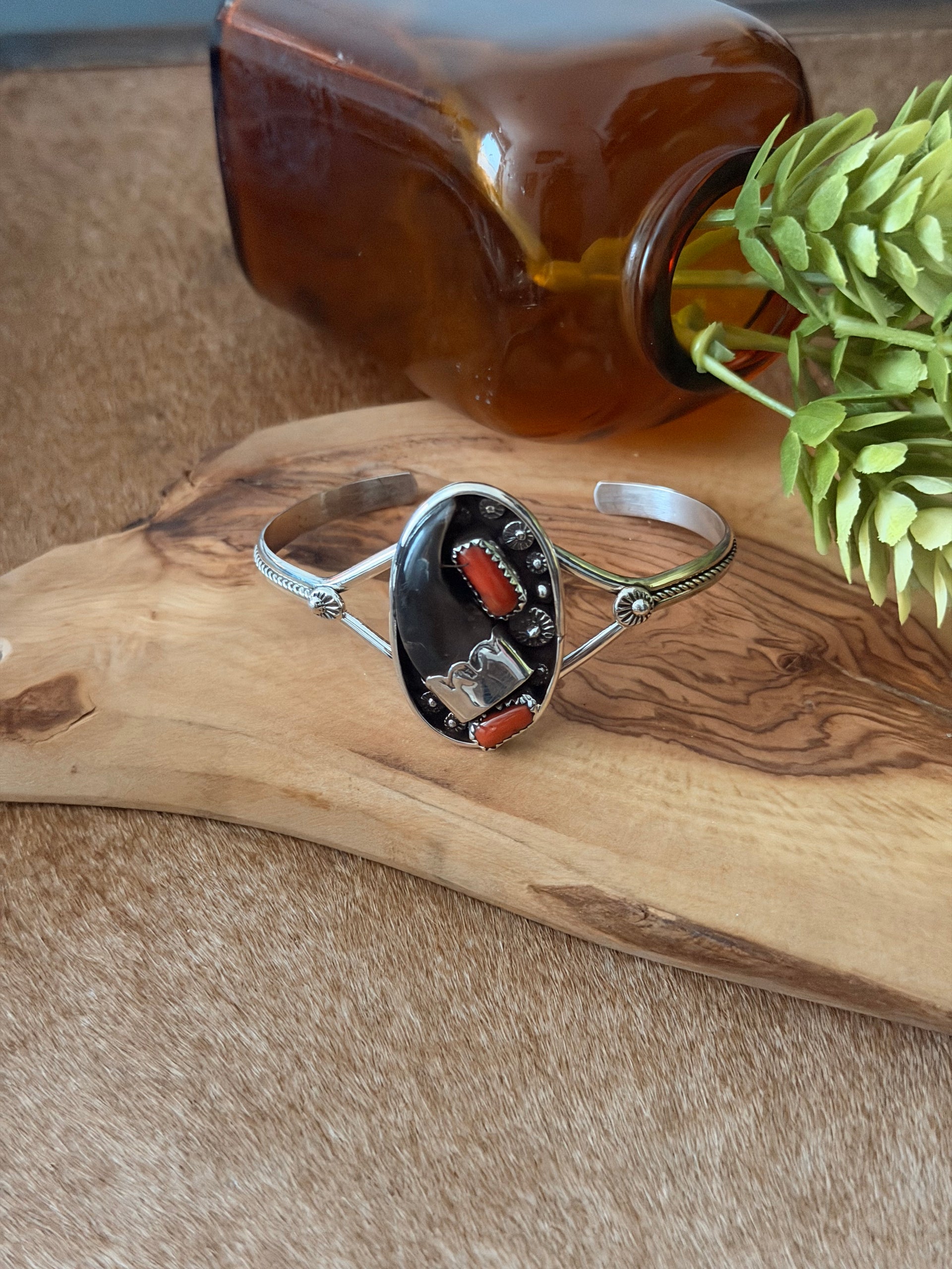 Navajo Made Coral & Sterling Silver Cuff Bracelet