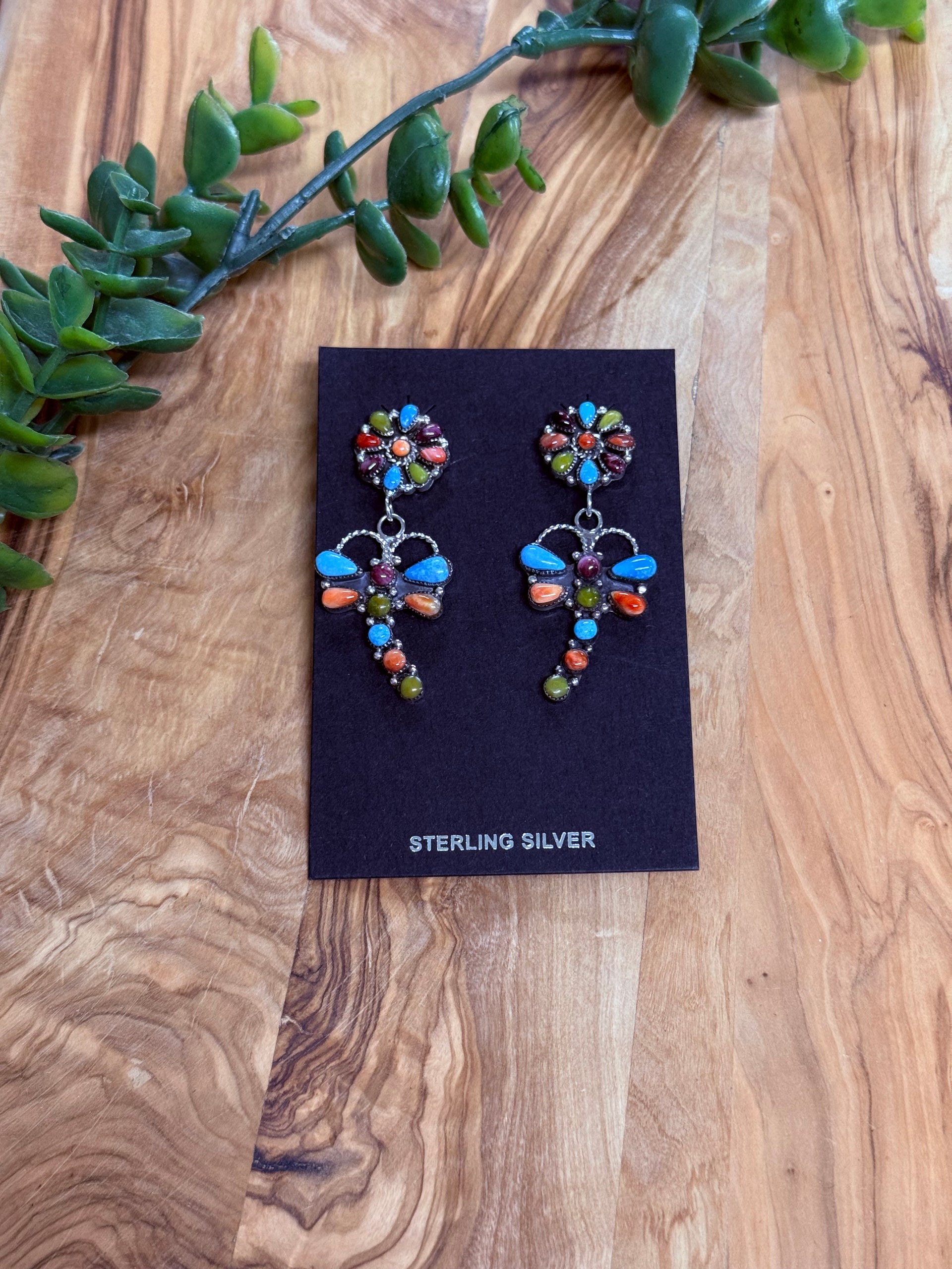 Southwest Handmade Multi Stone & Sterling Silver Post Dragonfly Earrings