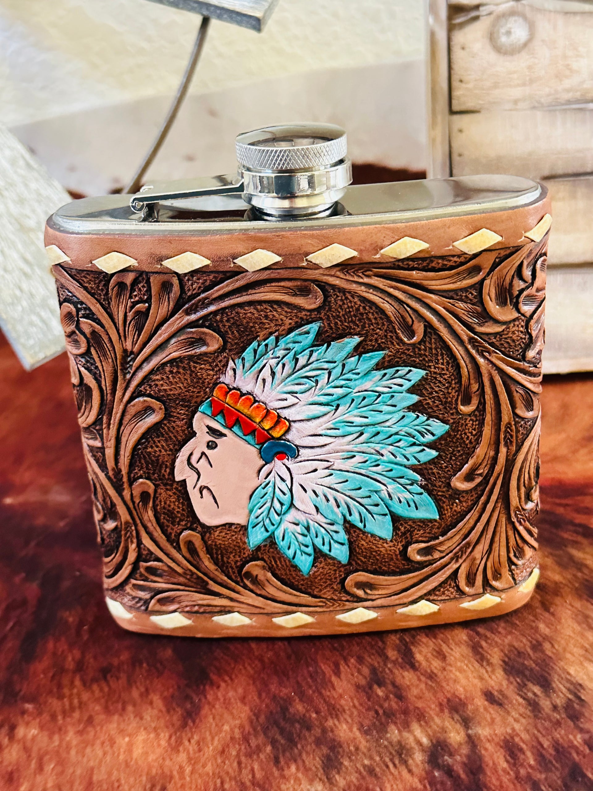 Genuine Tooled Leather 16 oz Flask