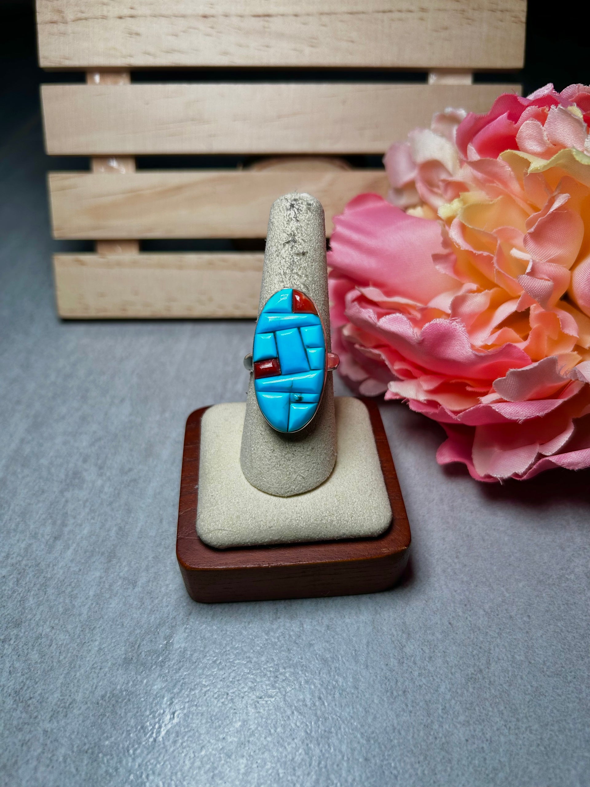 Navajo Multi Stone Cobble Stone & Sterling Silver Ring Size 8.25