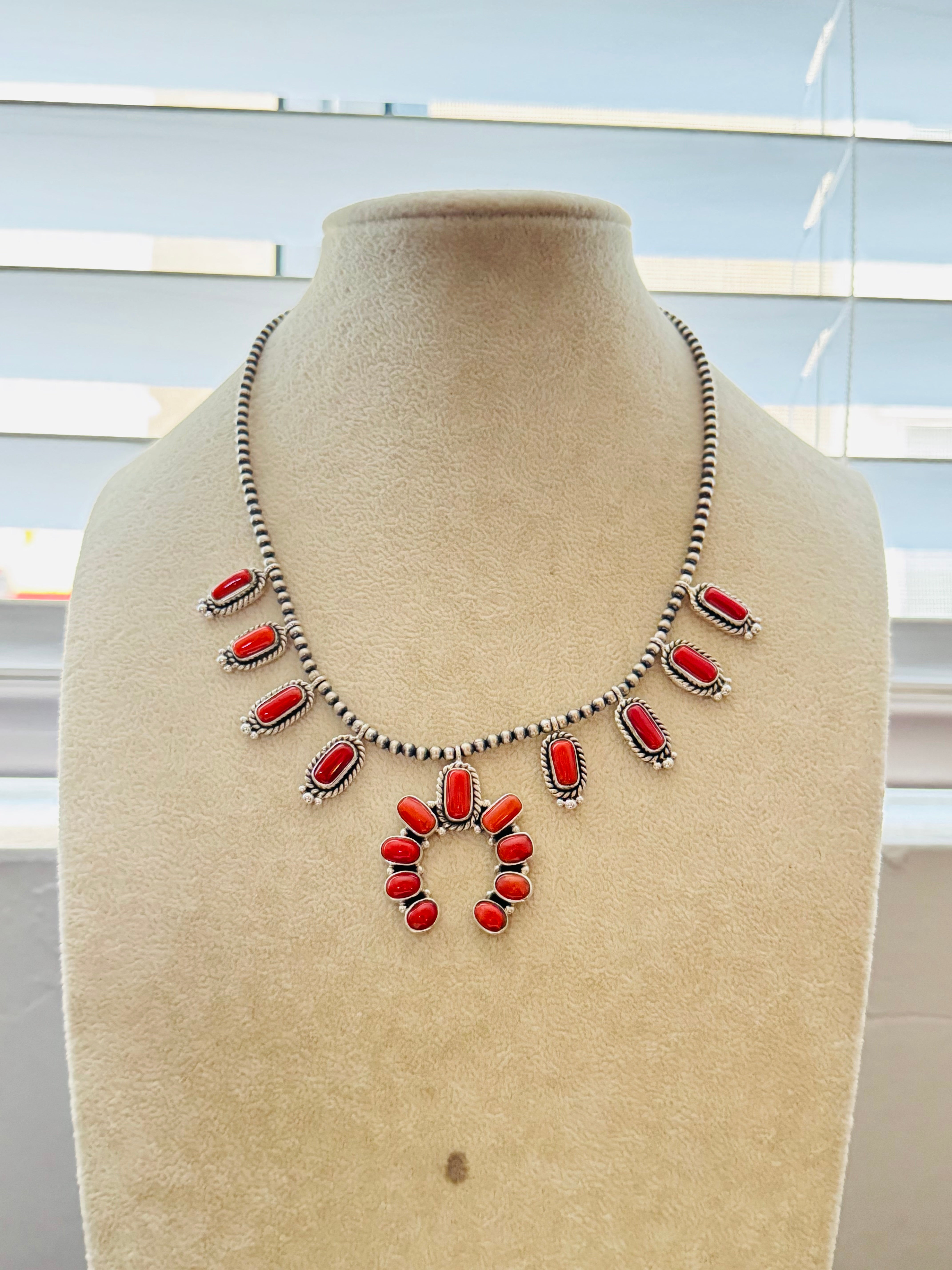 Southwest Handmade Coral & Sterling Silver Naja Necklace