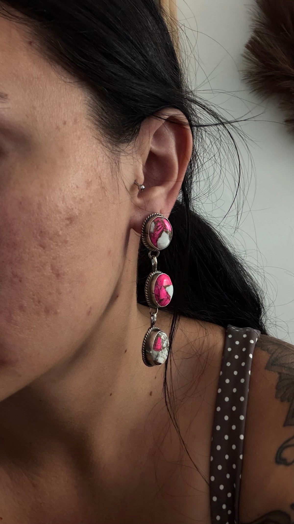 Navajo Made Cotton Candy Dahlia & Sterling Silver Post Dangle Earrings