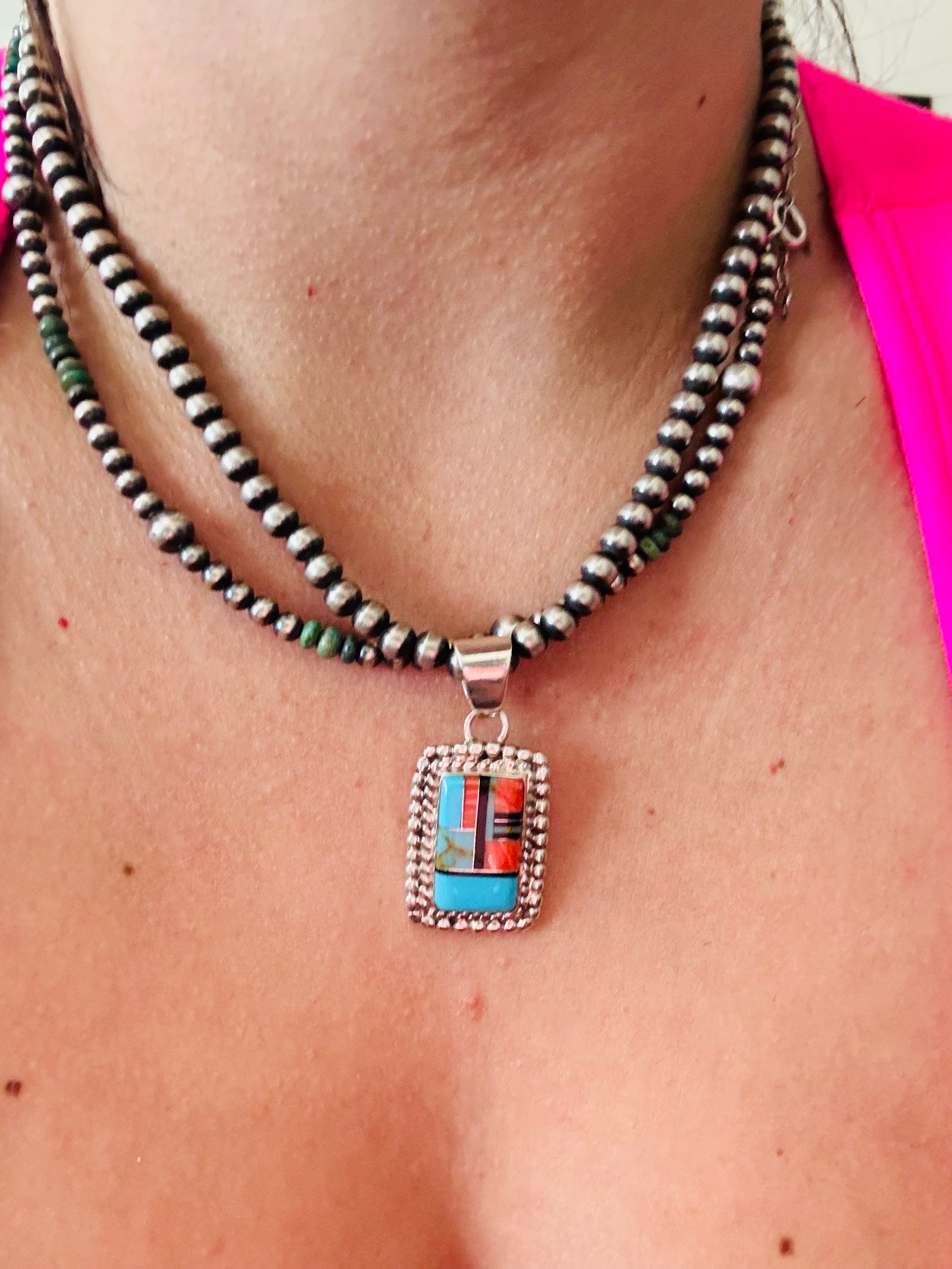 Southwest Multi Stone & Sterling Silver Cobblestone Pendant