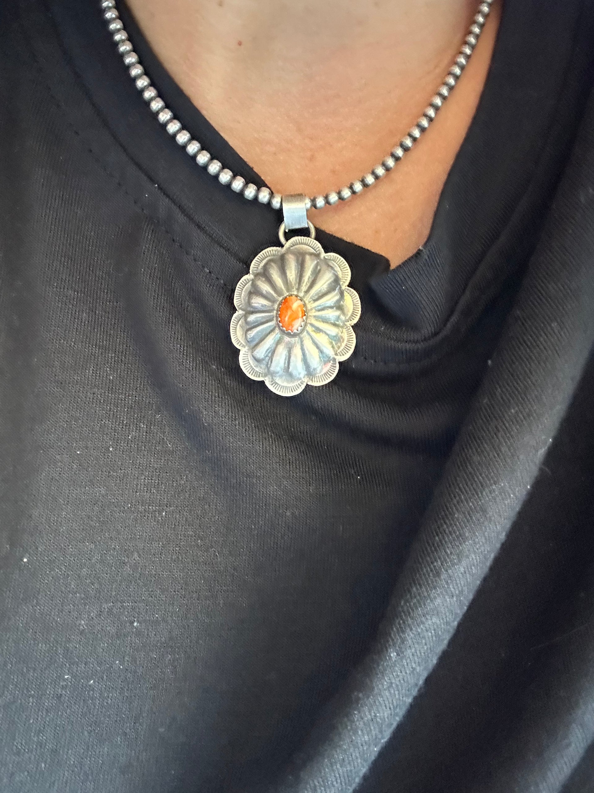 Navajo Made Spiny Oyster & Sterling Silver Concho Pendant
