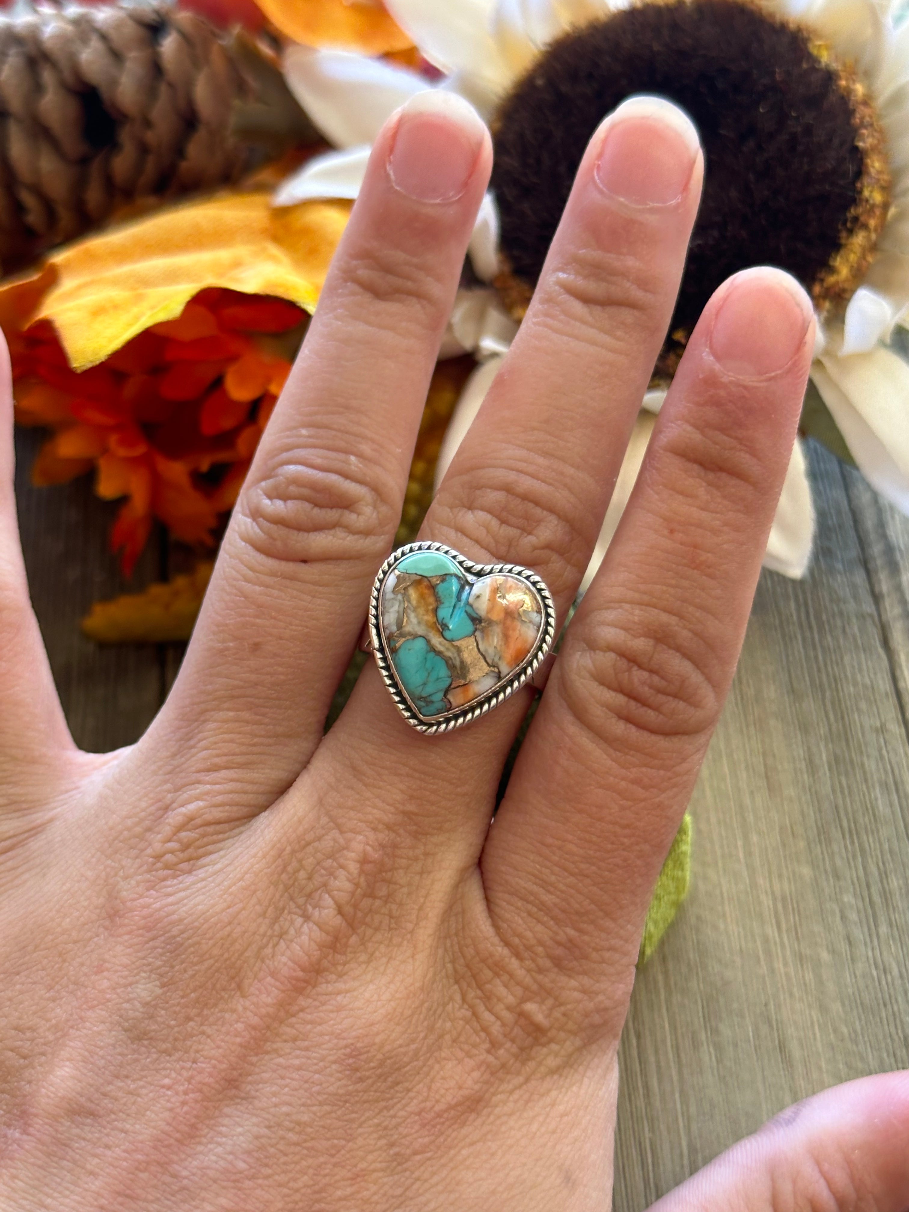 Southwest Handmade Mohave Turquoise & Sterling Silver Adjustable Heart Ring