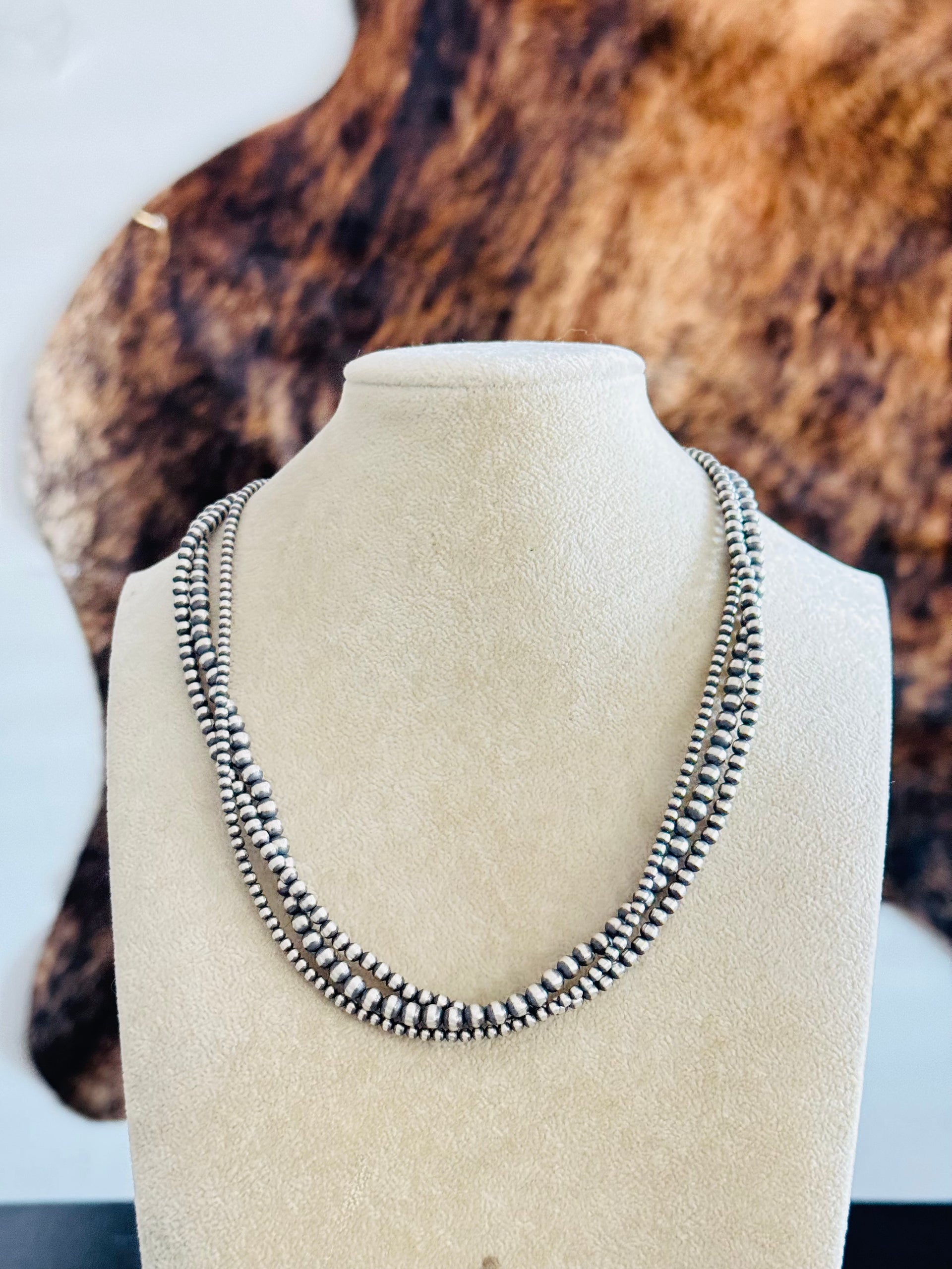 Navajo Strung 3 Strand Sterling Silver Pearls Beaded Necklace