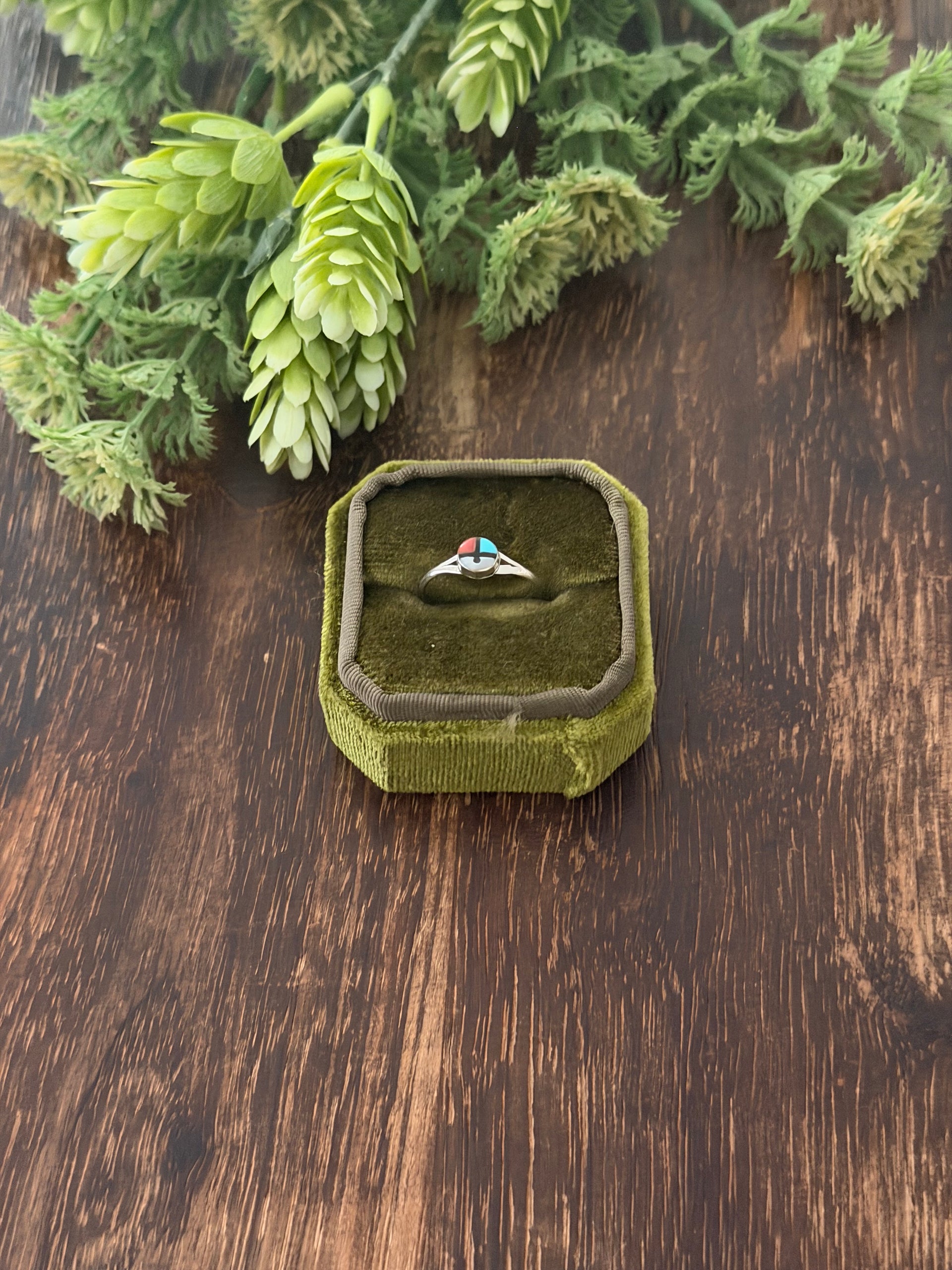 Zuni Made Multi Stone & Sterling Silver Inlay Sunface Ring