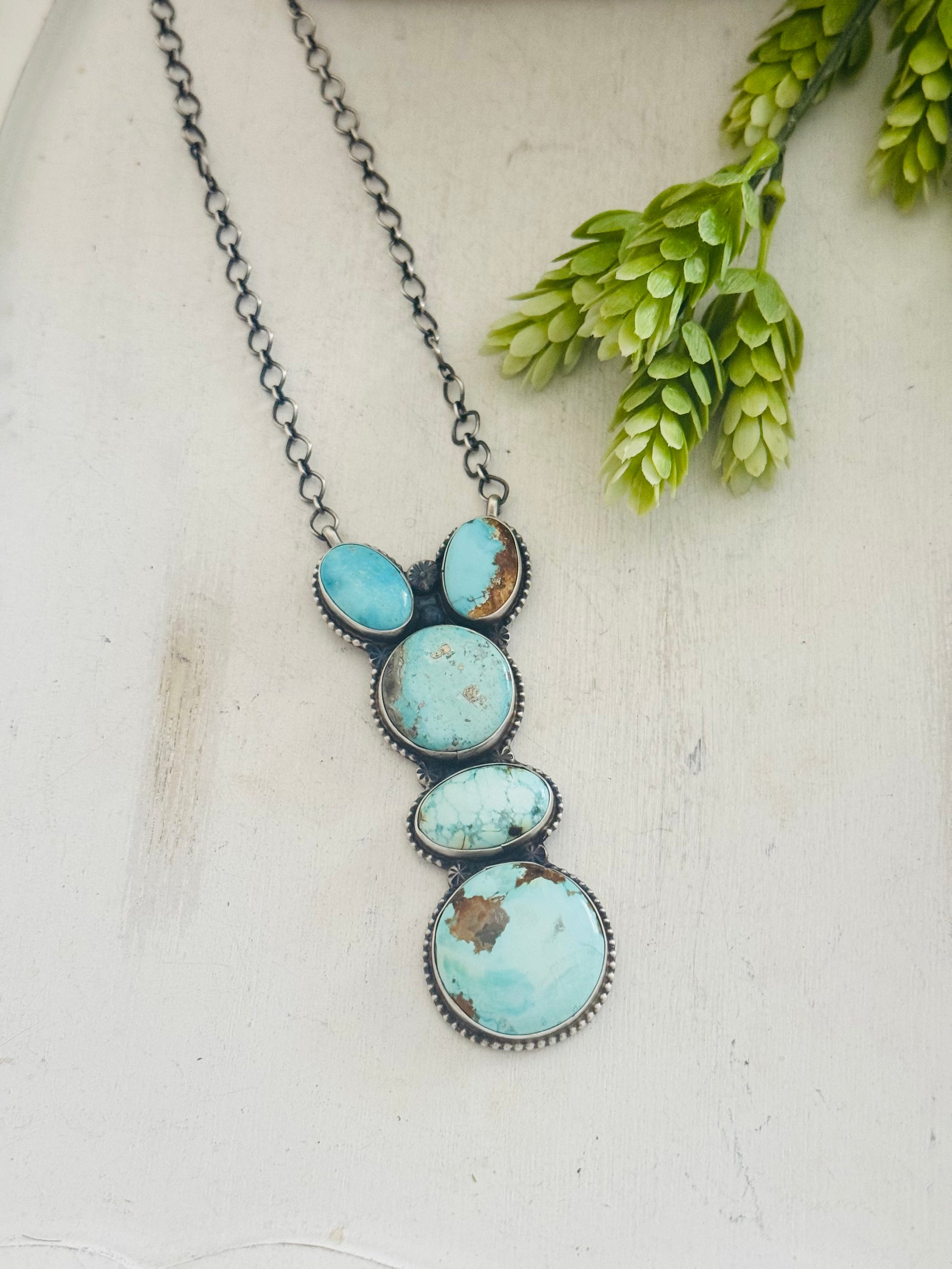 Navajo Made Royston Turquoise & Sterling Silver Cluster Necklace