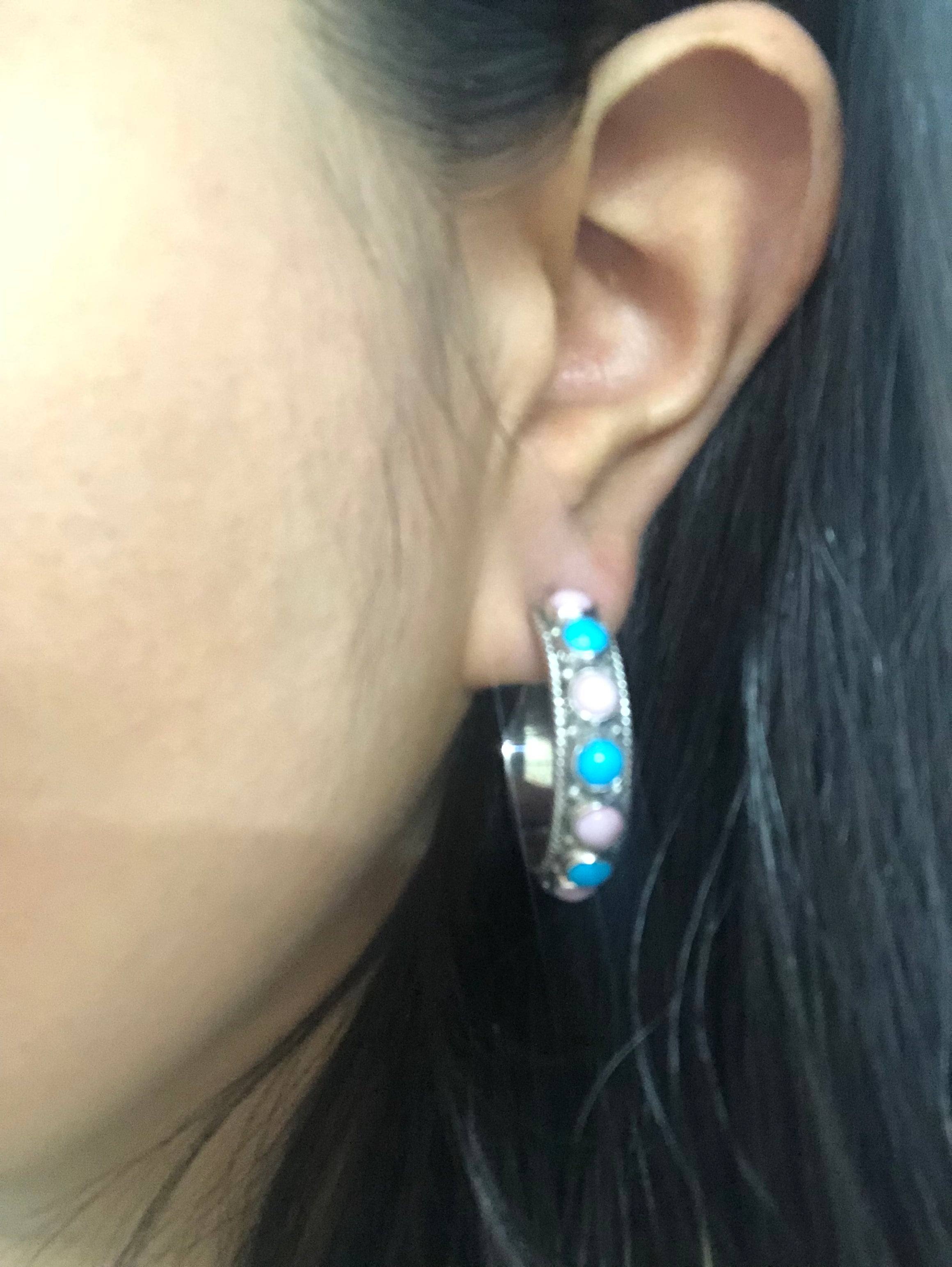 Navajo Made Multi Stone & Sterling Silver Hoop Earrings