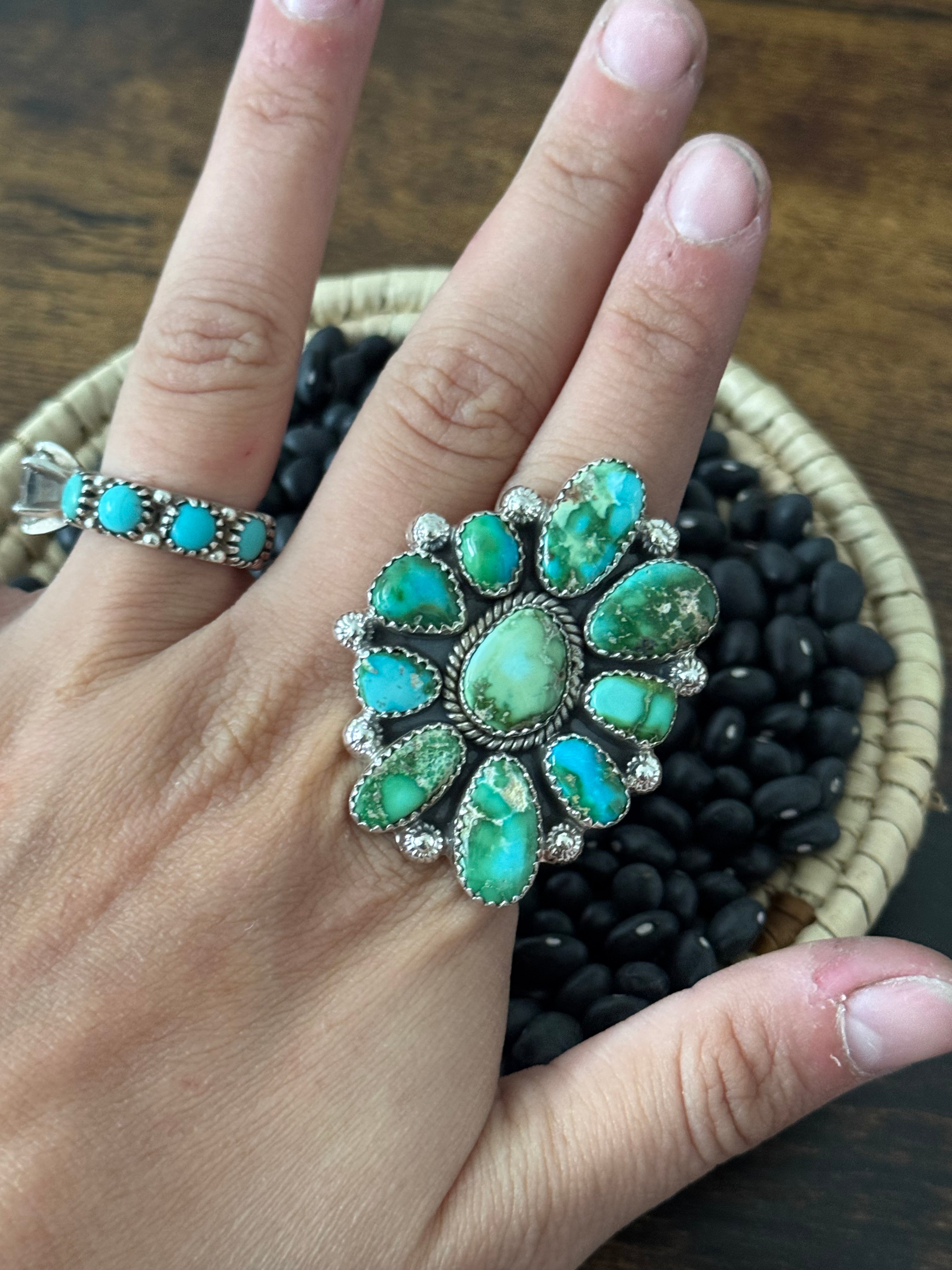 Southwest Handmade Sonoran Mountain Turquoise & Sterling Silver Adjustable Cluster Ring