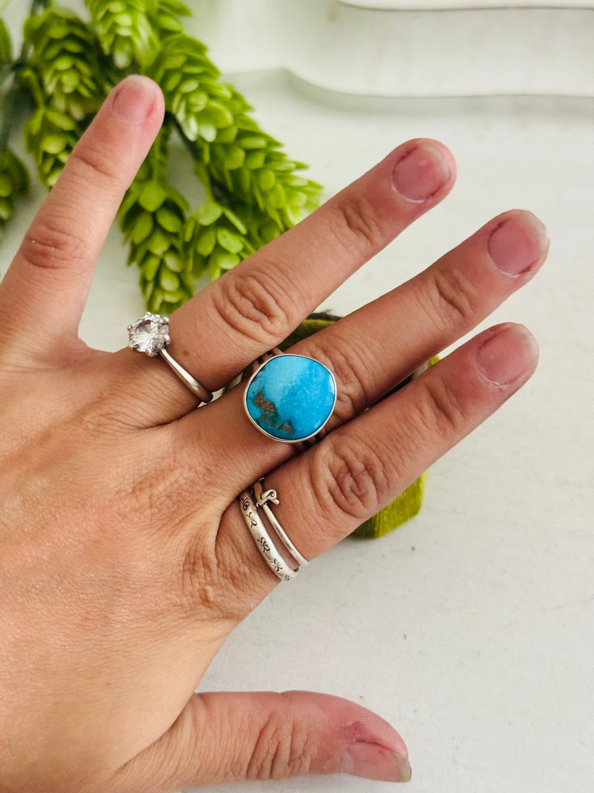 Southwest Made Kingman Turquoise & Sterling Sliver Ring Size 9.5