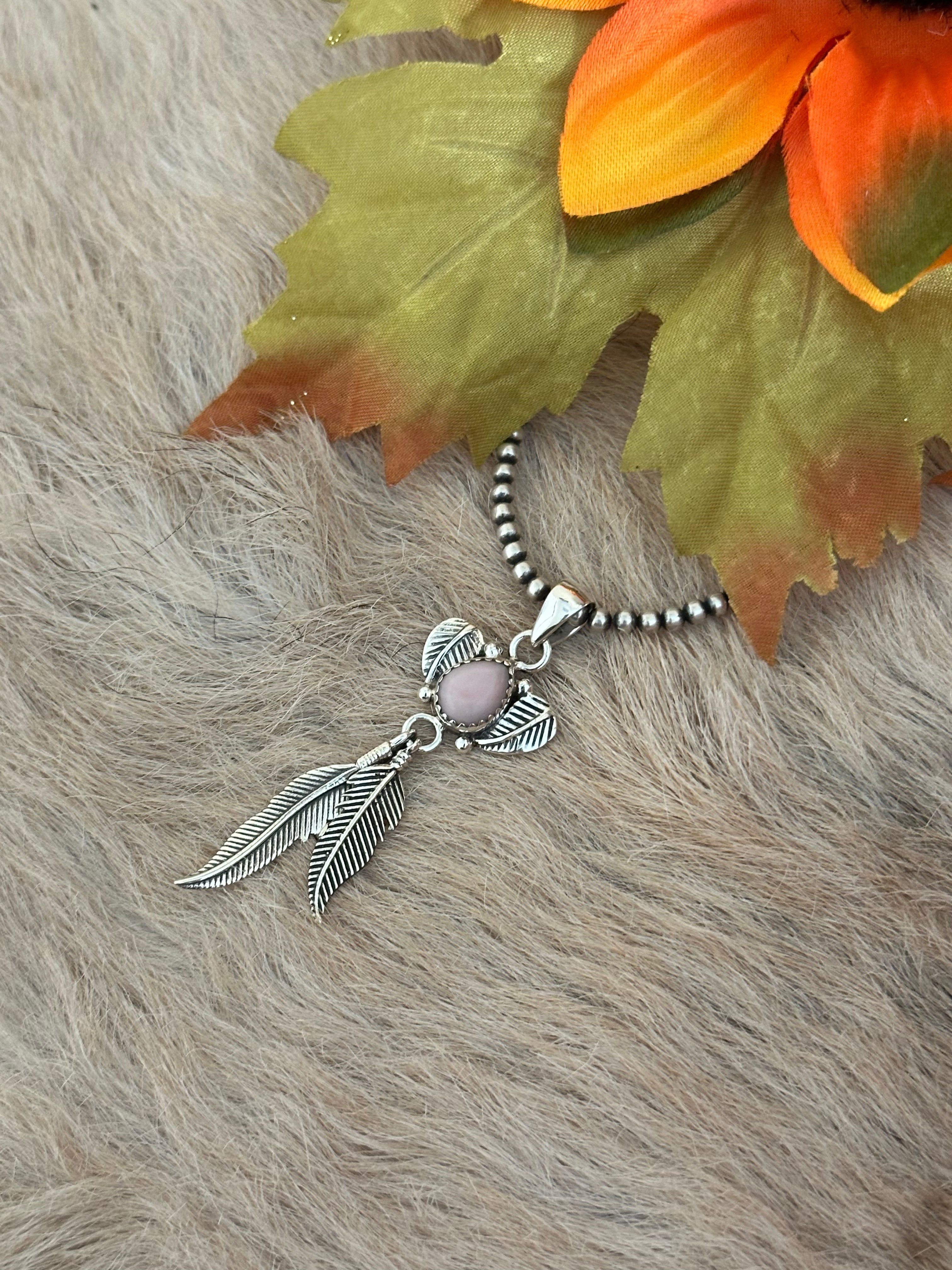 Southwest Handmade Pink Conch & Sterling Silver Feather Pendants