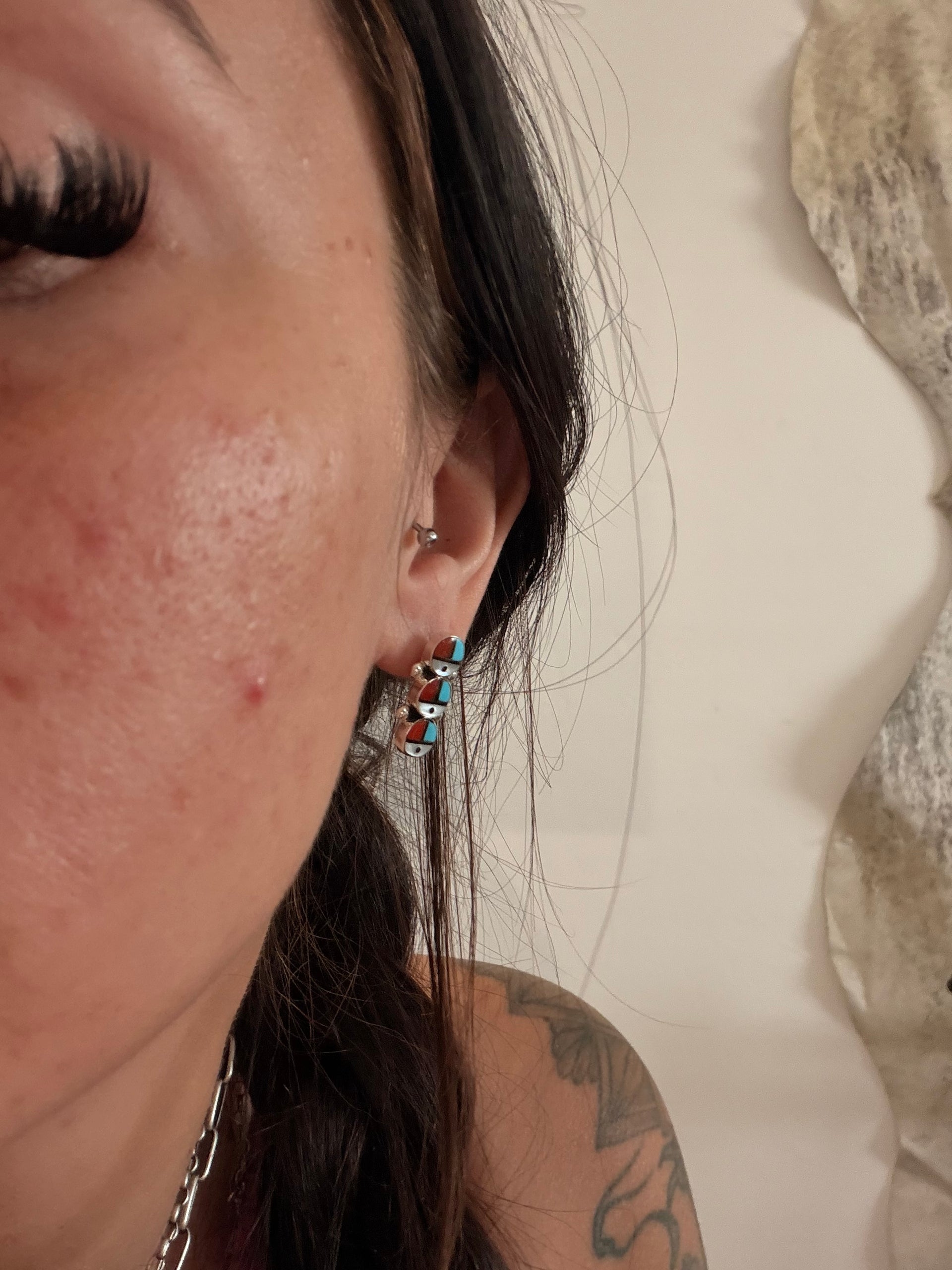 Zuni Made Multi Stone & Sterling Silver Inlay Sunface Post Dangle Earrings