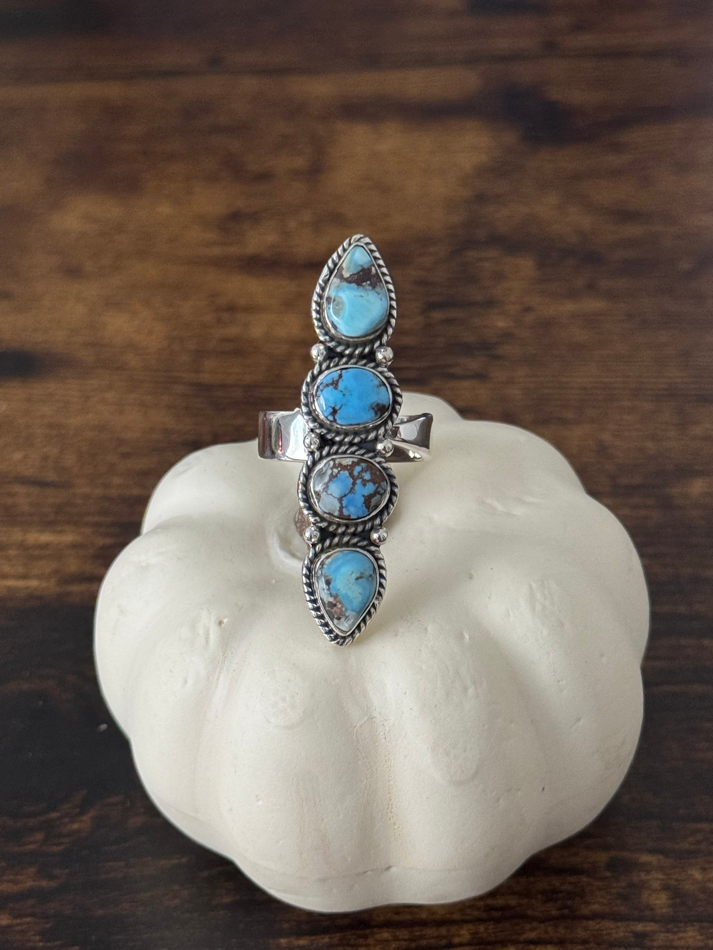 Southwest Handmade Golden Hills Turquoise & Sterling Silver Adjustable Cluster Ring