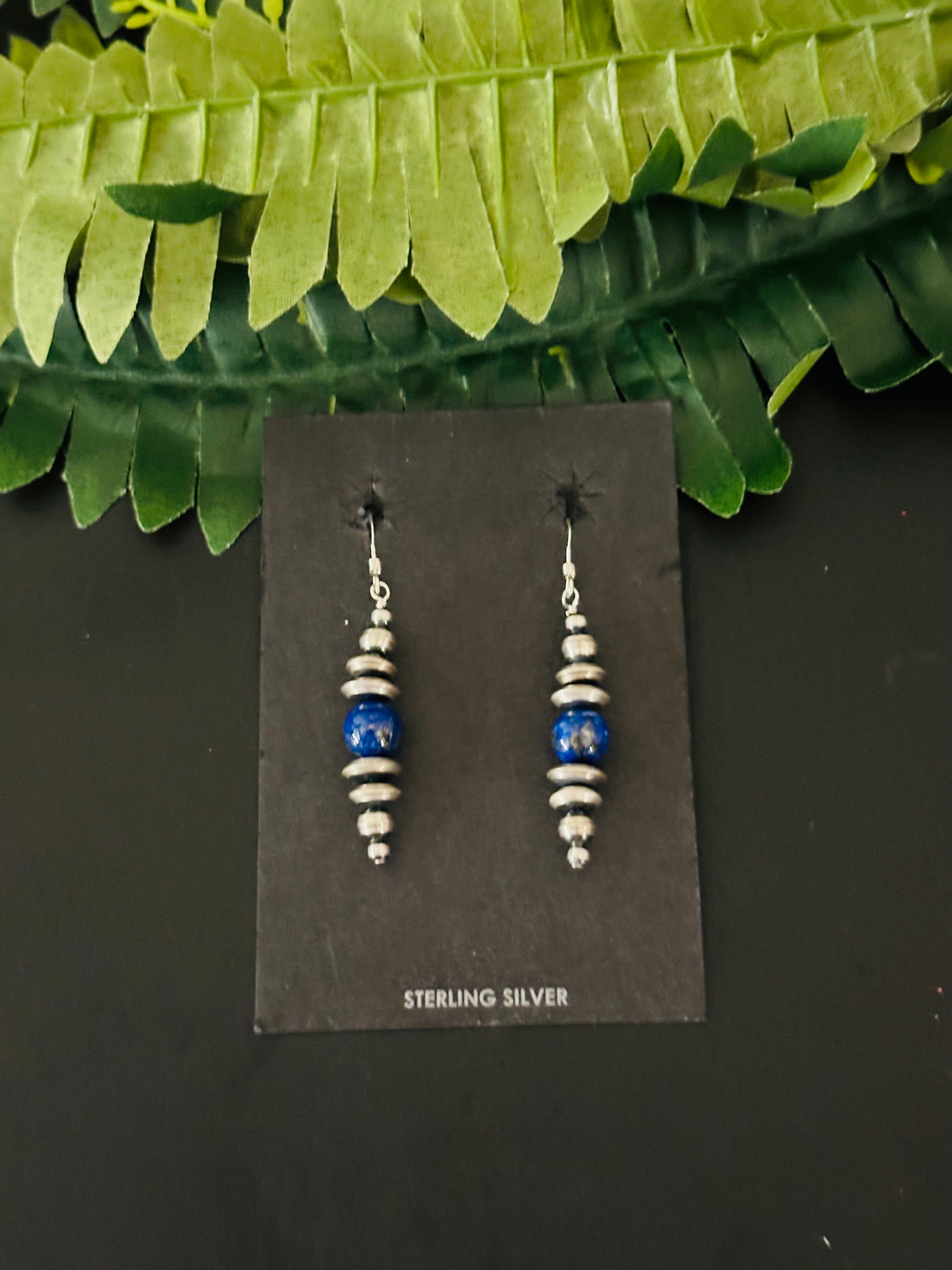 Navajo Strung Lapis & Sterling Silver Graduated Pearls Dangle Earrings