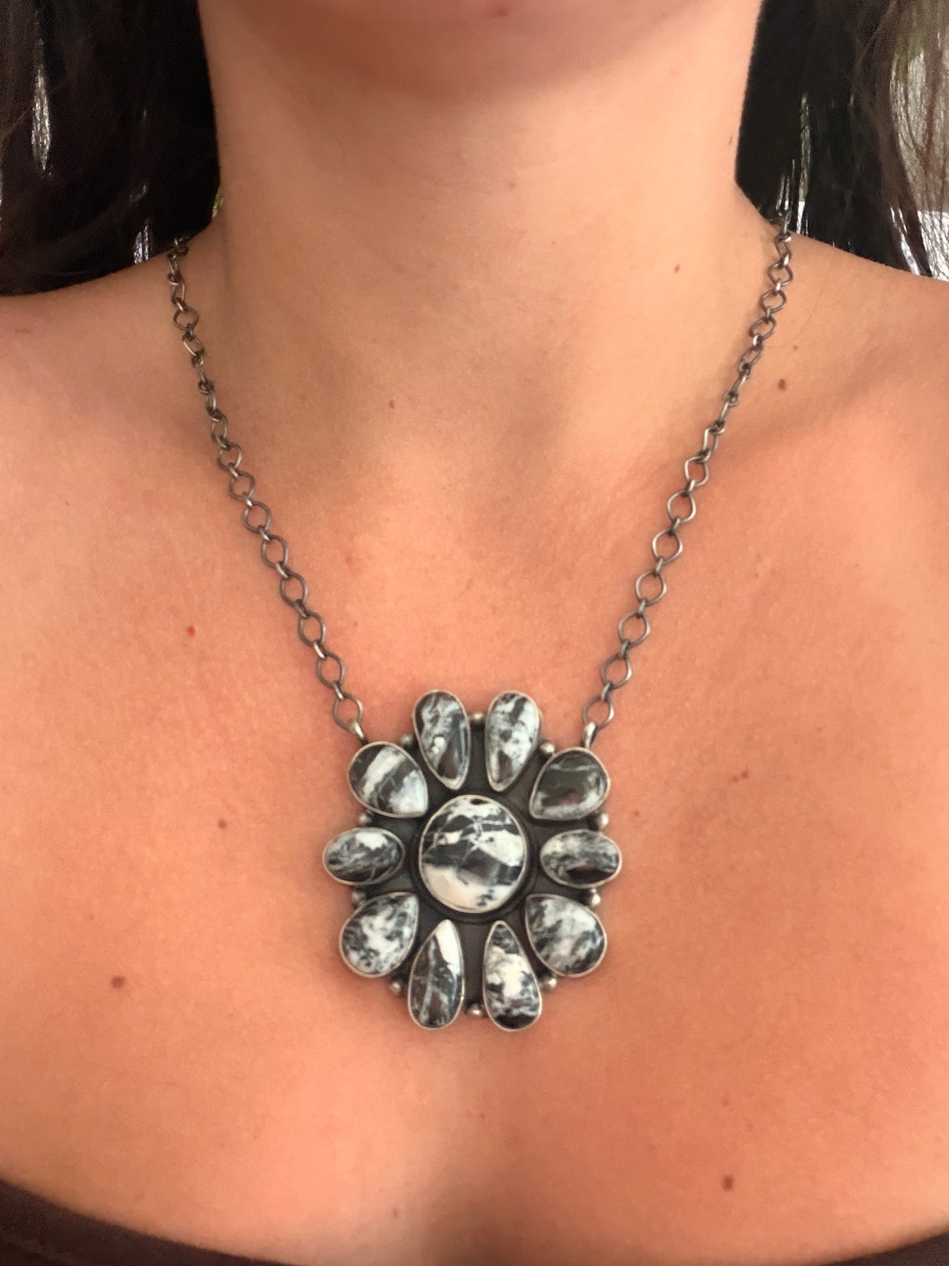 Navajo Made White Buffalo & Sterling Silver Cluster Necklace
