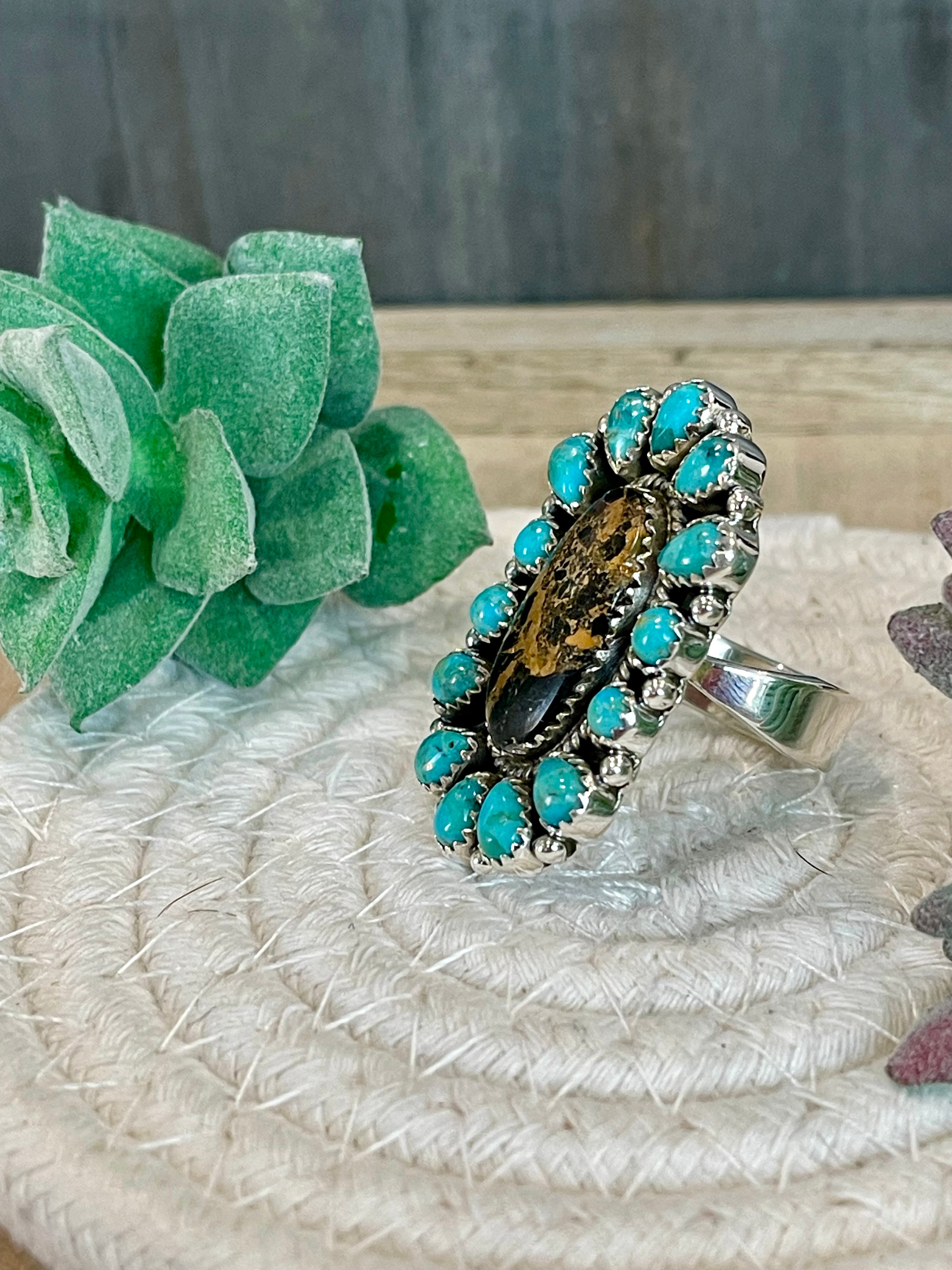 Southwest Handmade BlackJack Turquoise And Kingman Turquoise & Sterling Silver Adjustable Ring