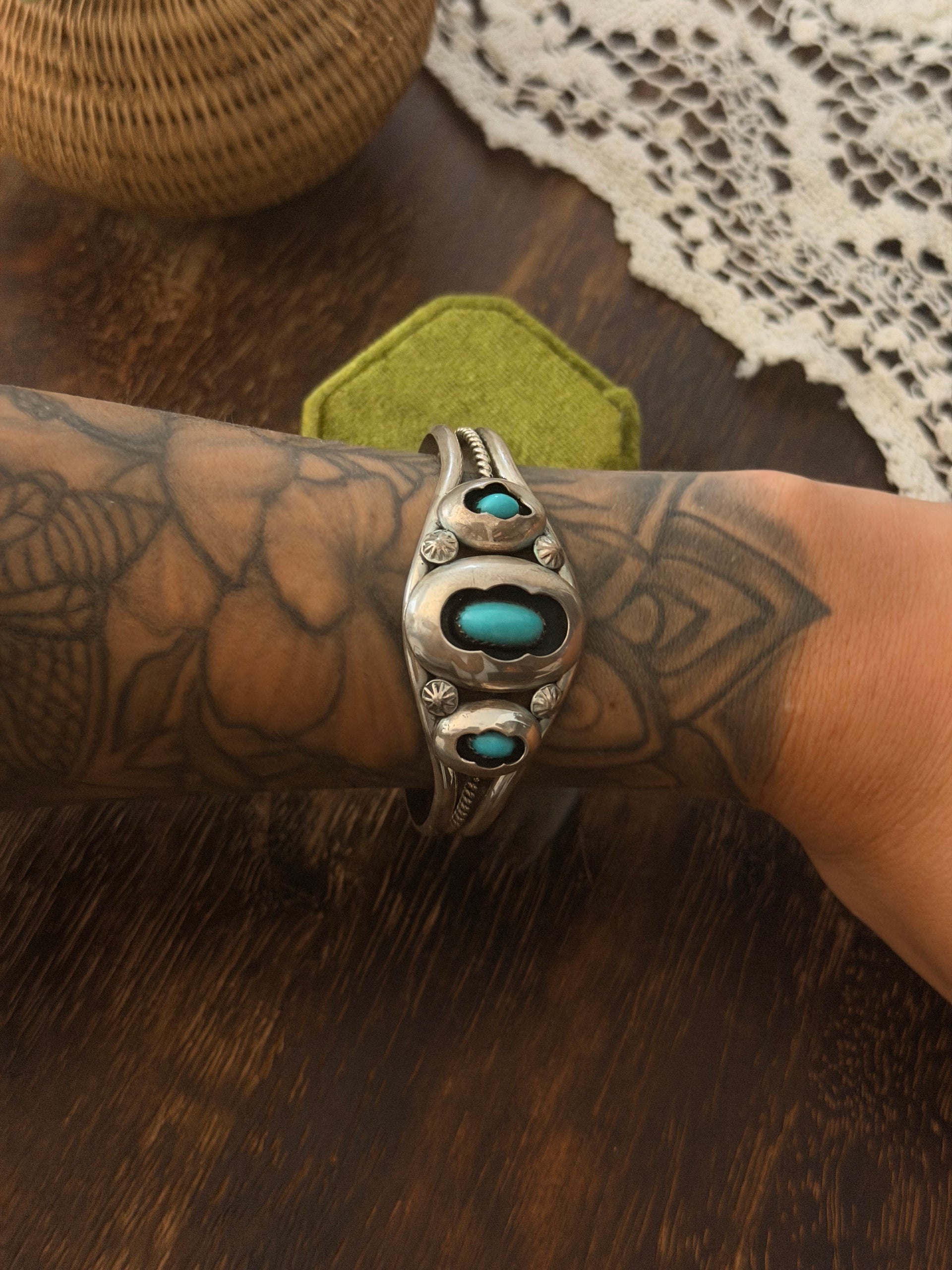 Navajo Made Kingman Turquoise & Sterling Silver Shadowbox Cuff Bracelet