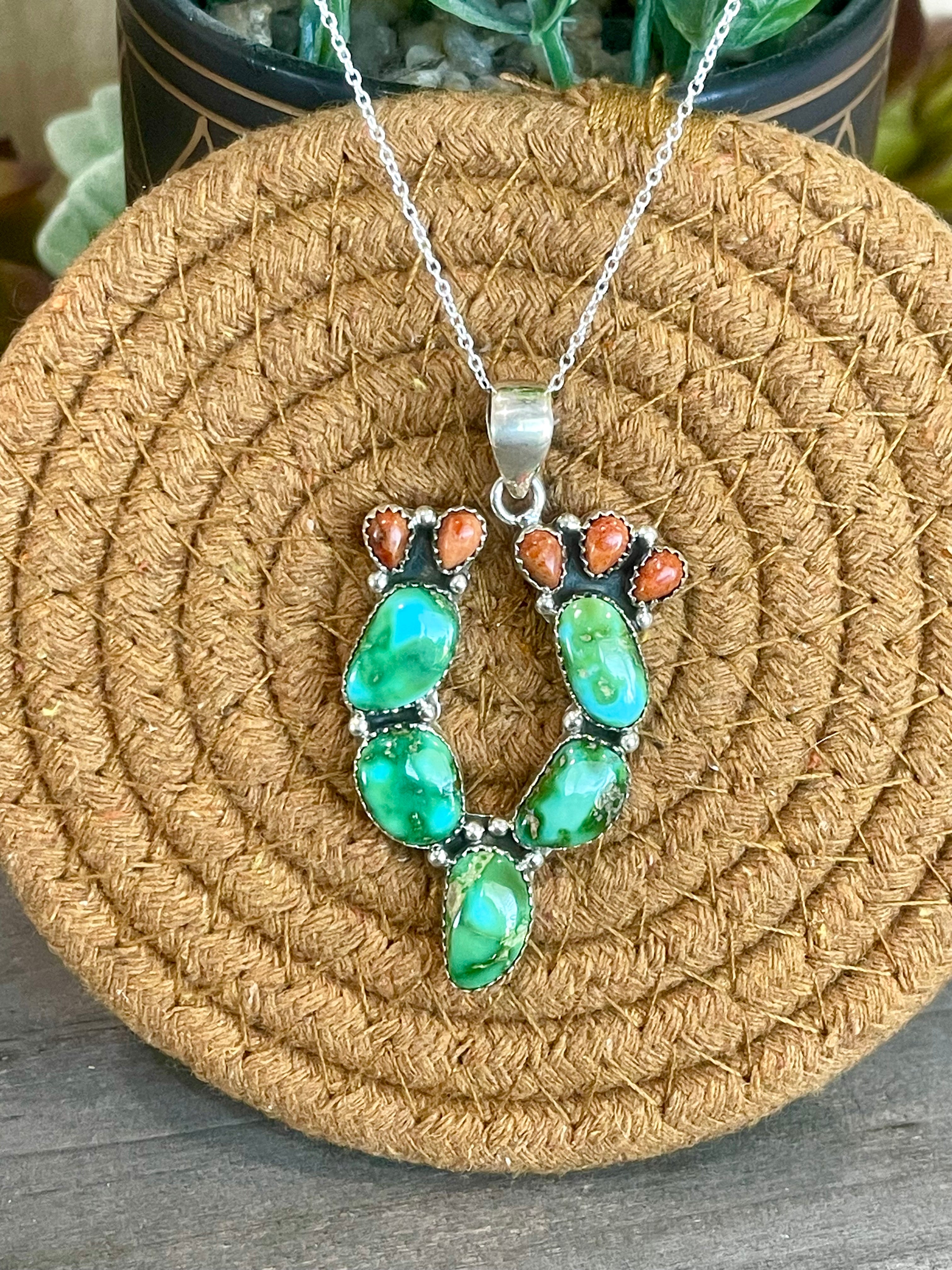 Southwest Handmade Sonoran Mountain Turquoise & Sterling Silver Prickly Pear  Necklace