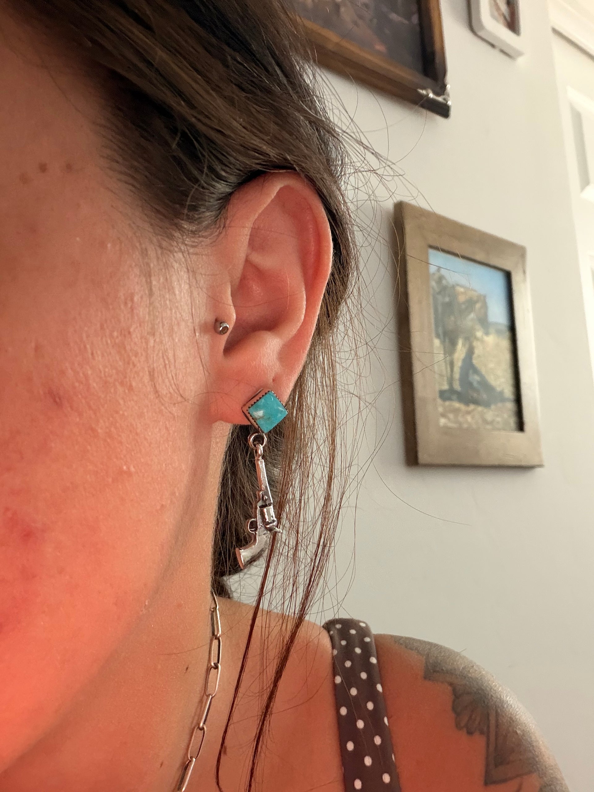 Navajo Made Kingman Turquoise & Sterling Silver Post Dangle Pistol Earrings