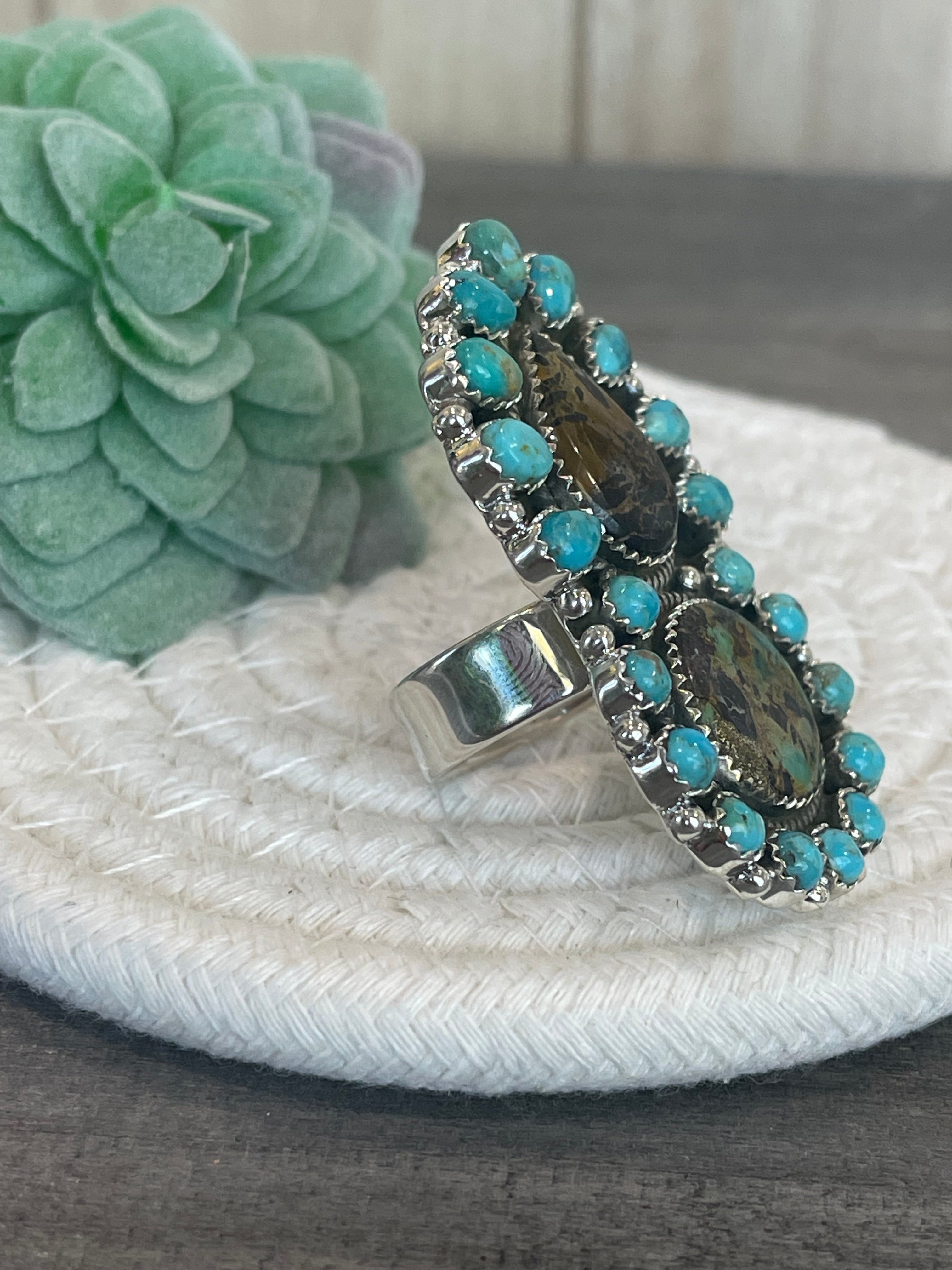 Southwest Handmade BlackJack Turquoise And Kingman Turquoise & Sterling Silver Adjustable Ring