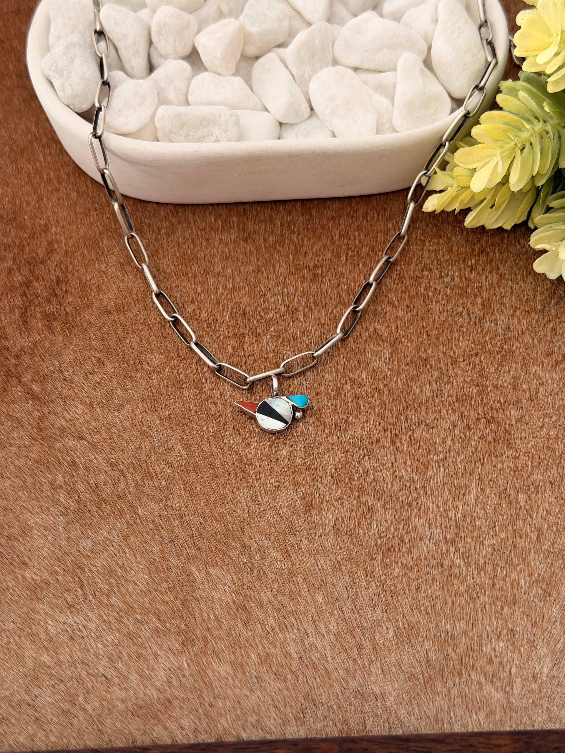 Zuni Made Multi Stone & Sterling Silver Inlay Pendant