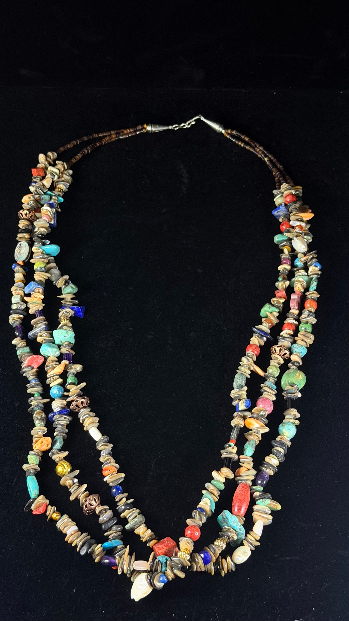 Navajo Strung Multi Stone & Sterling Silver Beaded 3 Strand Necklace