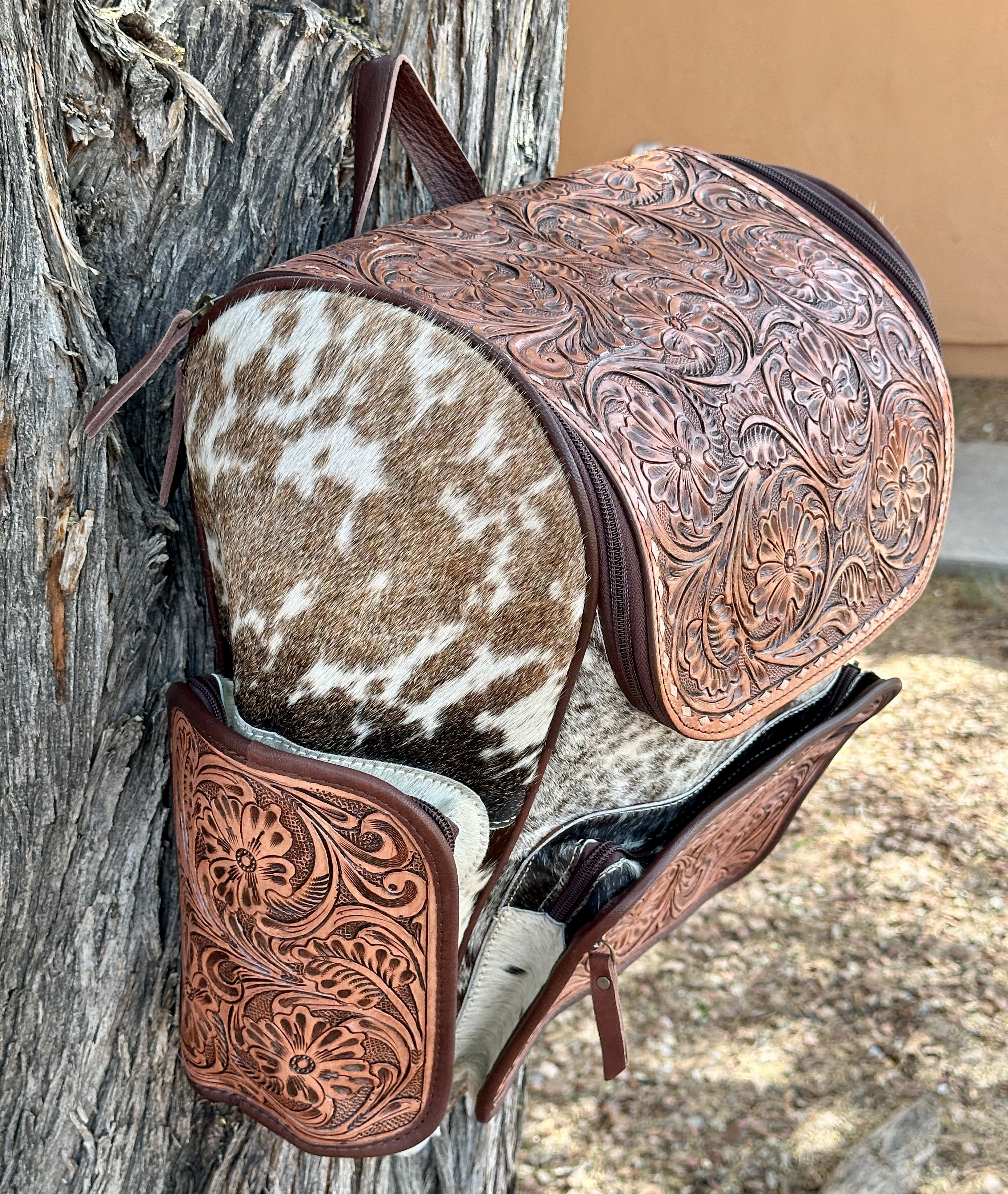 Genuine Tooled Leather Cowhide Back Pack/Diaper Bag