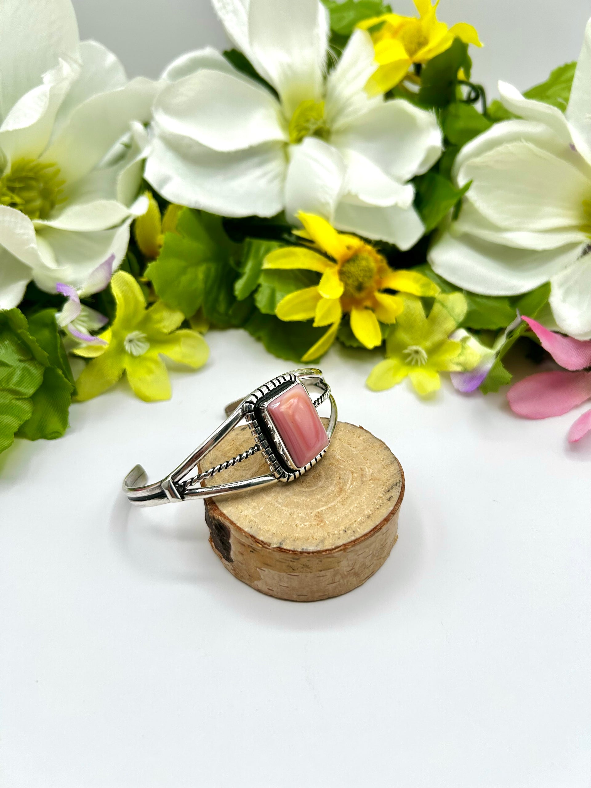 Navajo Made Pink Conch & Sterling Silver Cuff Bracelet