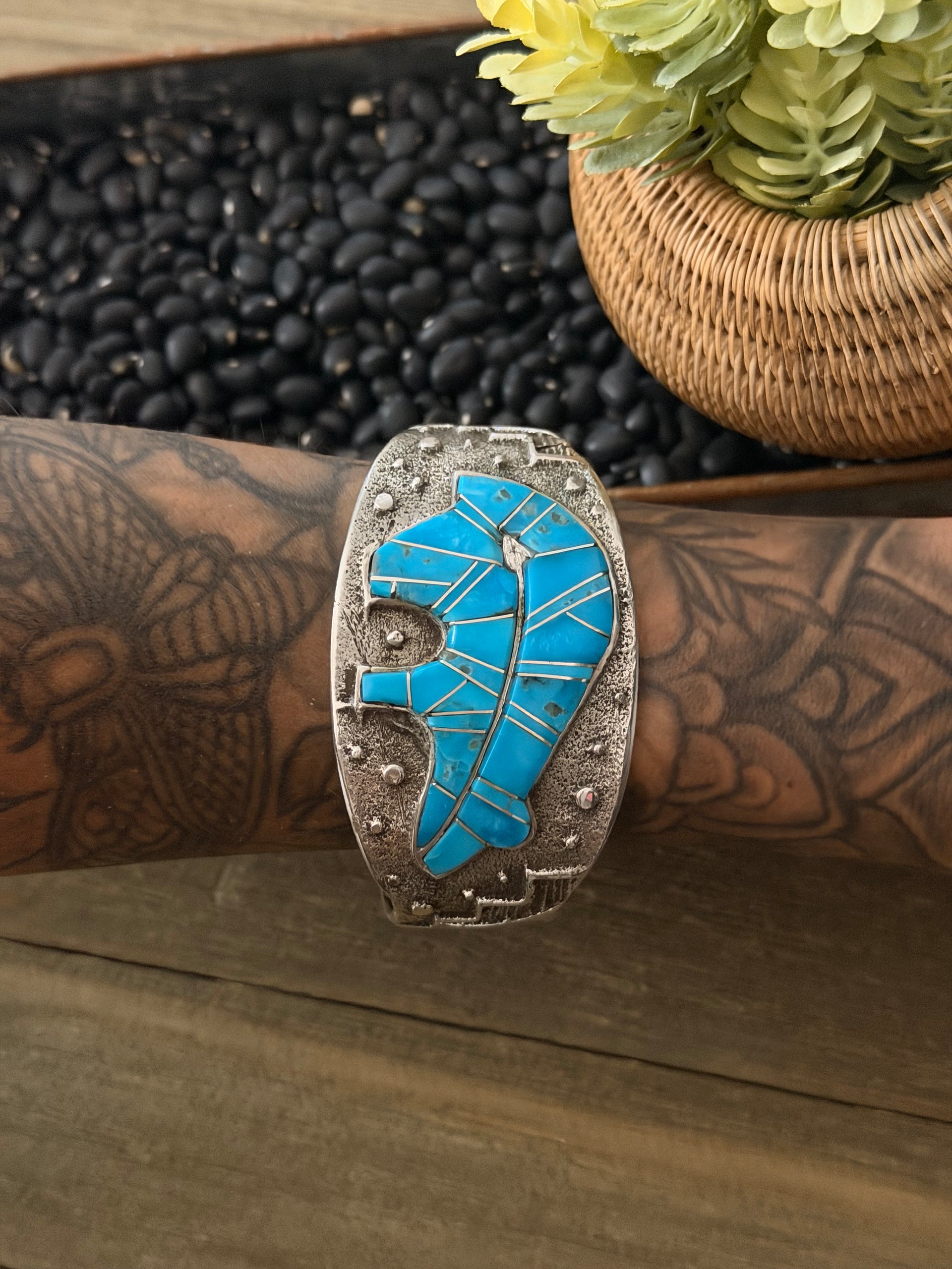 Merle House Kingman Turquoise & Sterling Silver Inlay Bear Cuff Bracelet