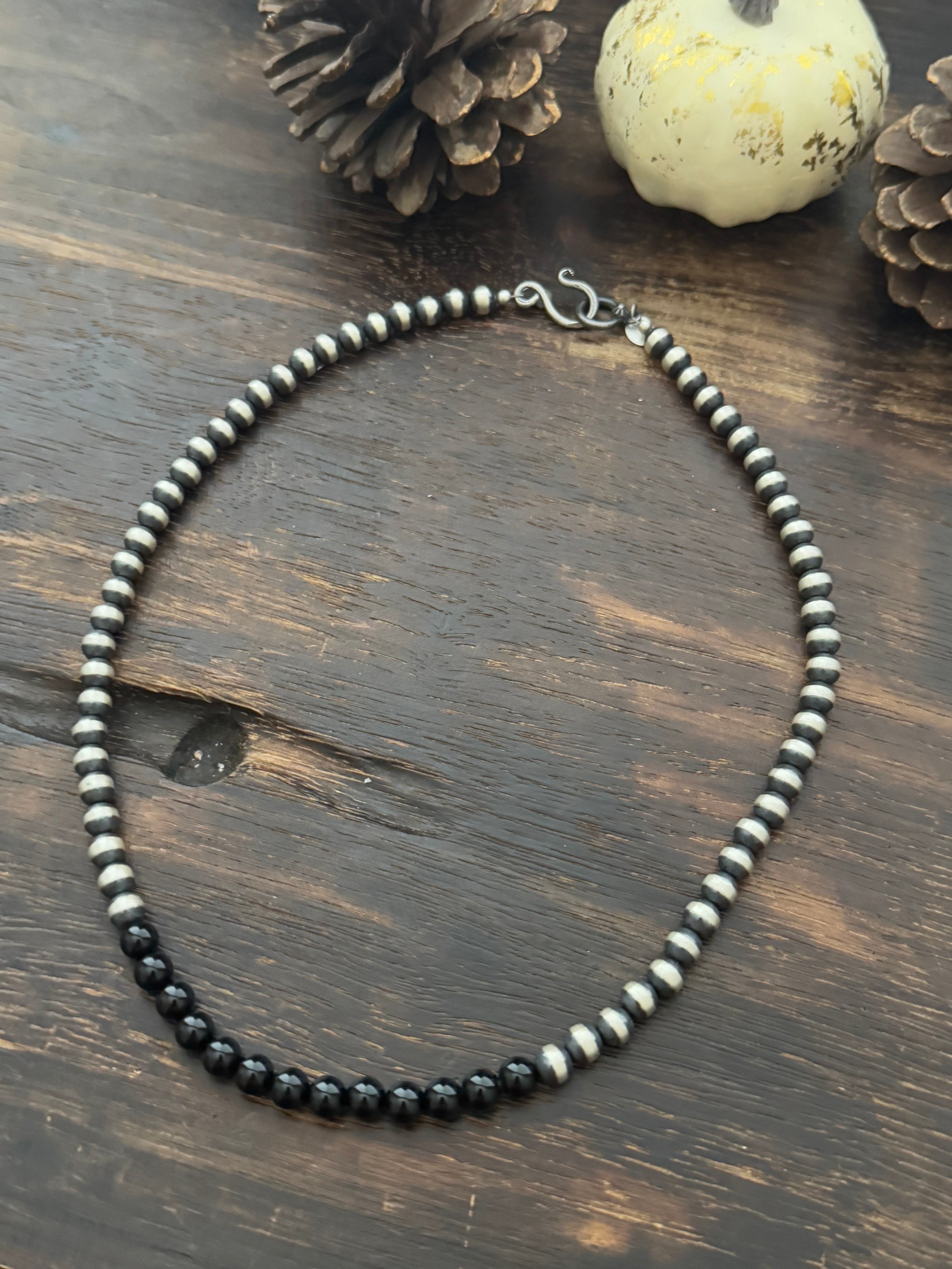 Navajo Strung Onyx & Sterling Silver Pearls Beaded Necklace